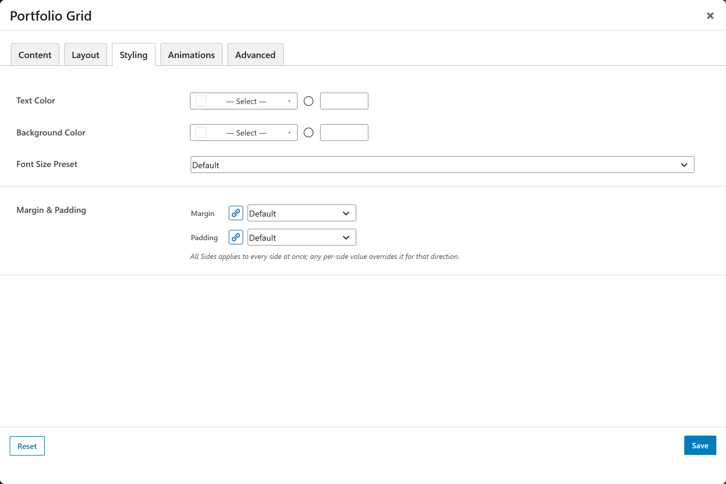 Portfolio Grid options panel — Styling tab