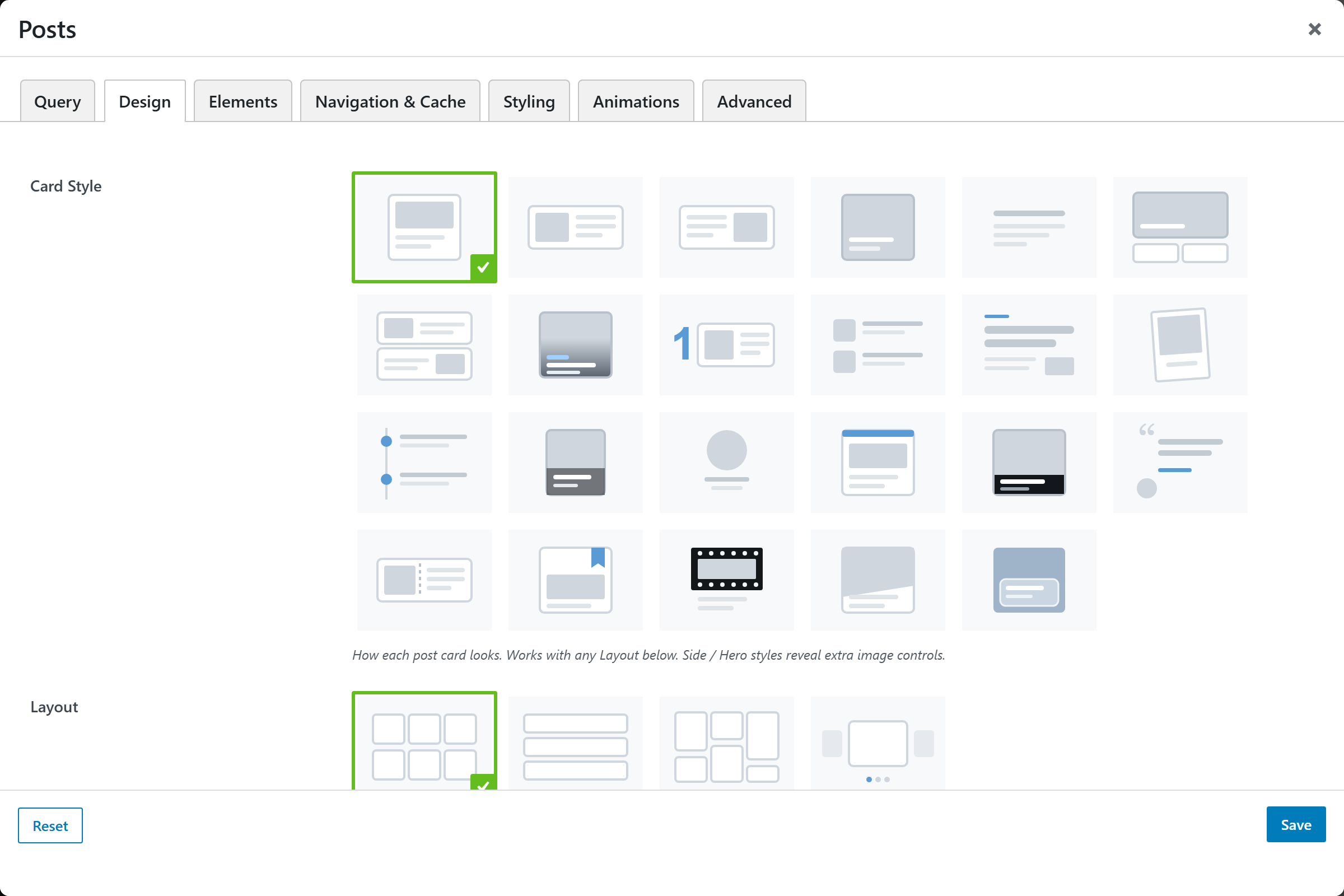 Posts options panel — Design tab