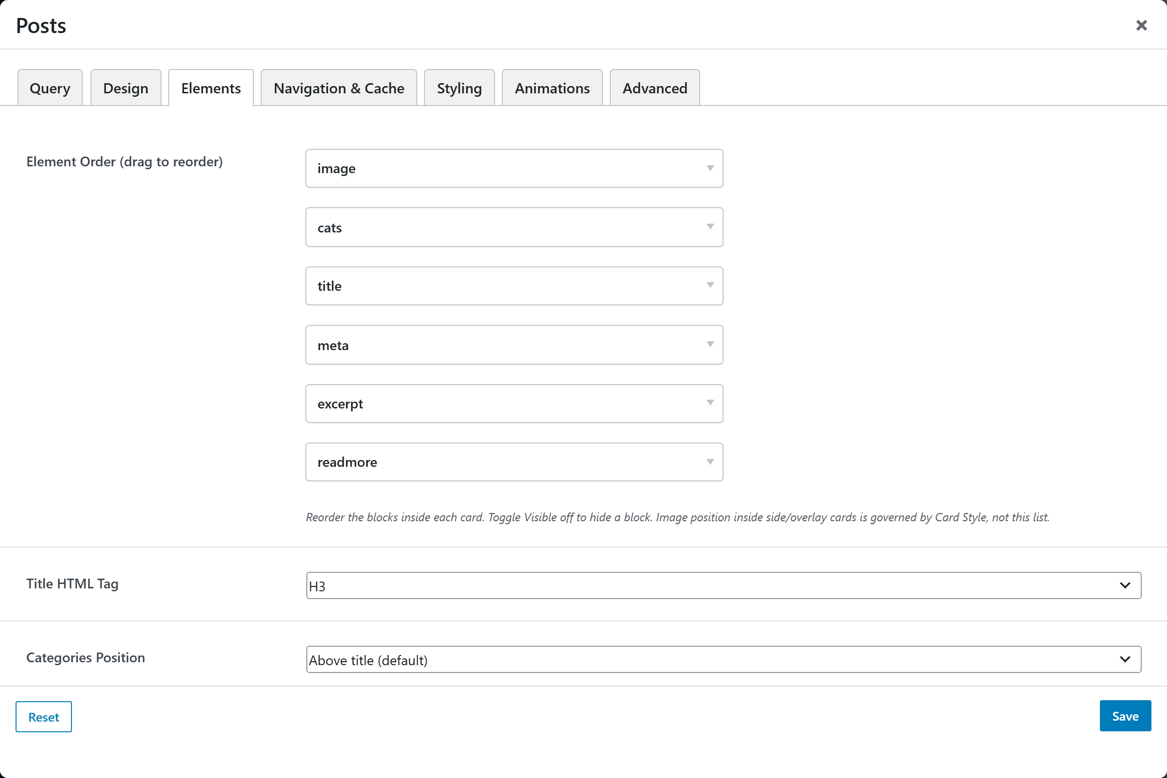 Posts options panel — Elements tab