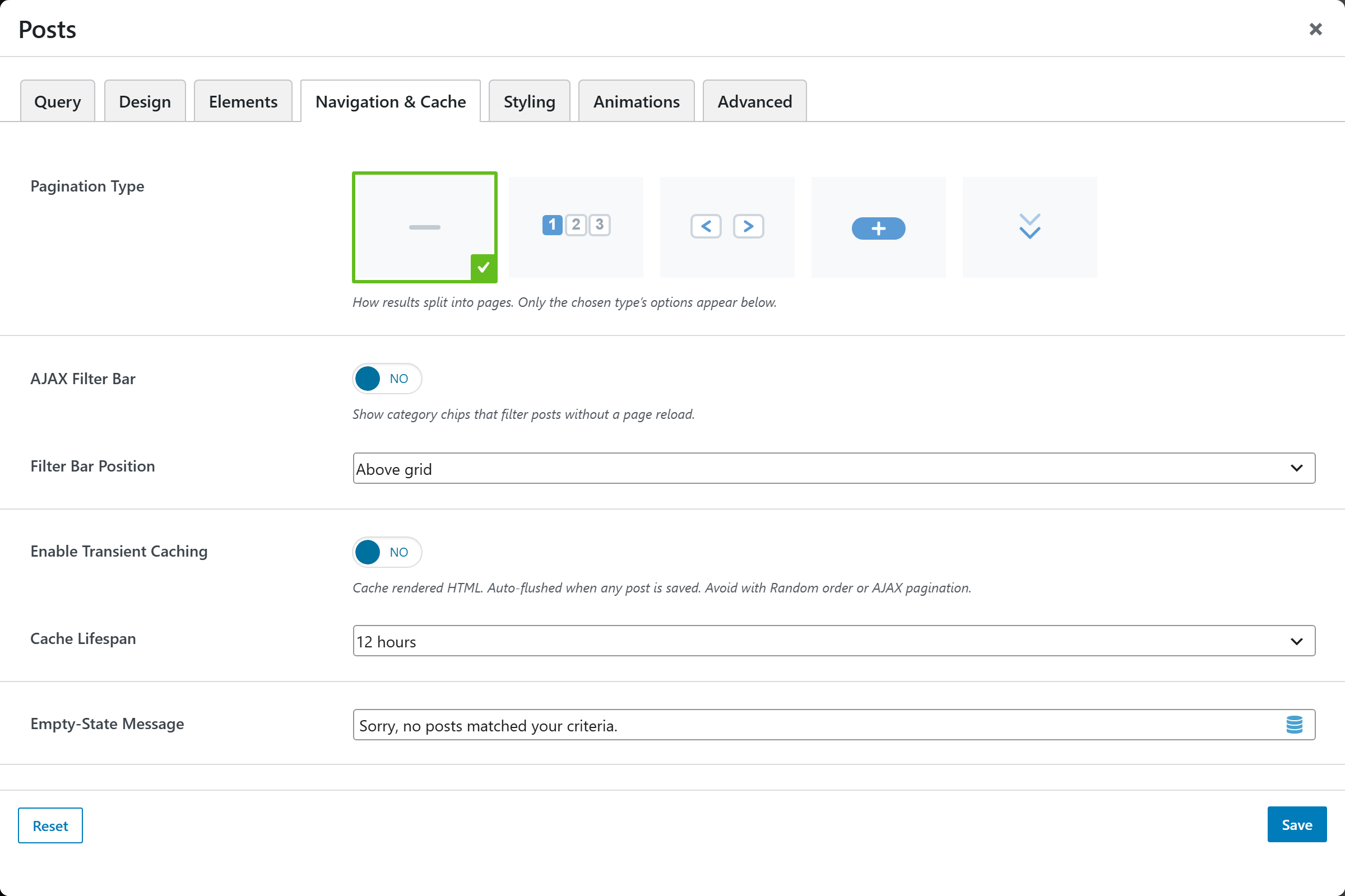 Posts options panel — Navigation & Cache tab
