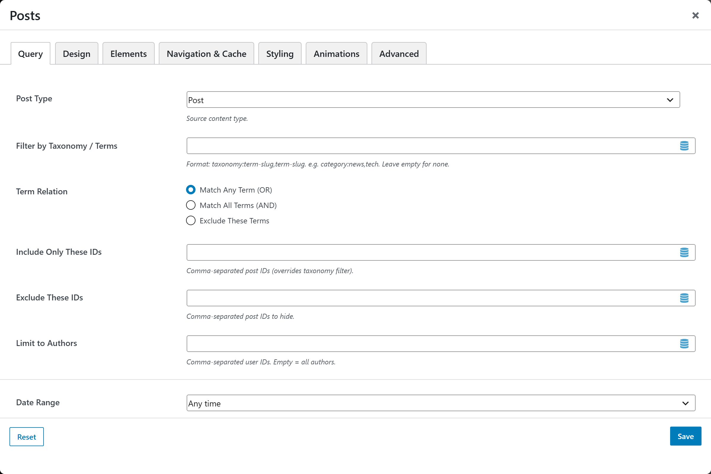 Posts options panel — Query tab