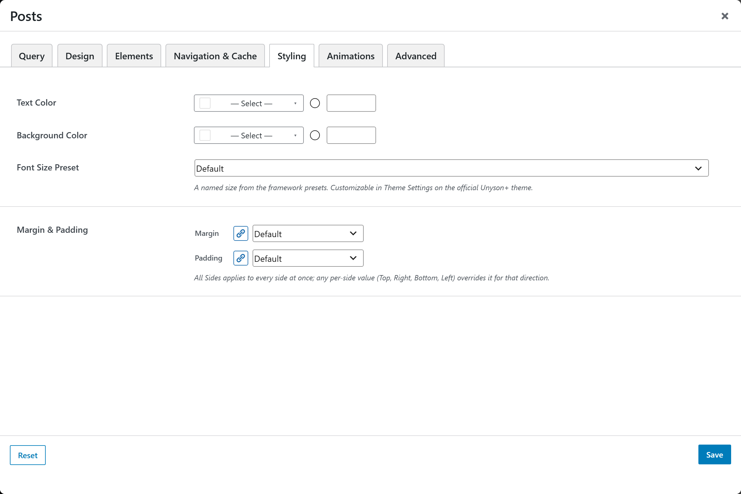 Posts options panel — Styling tab