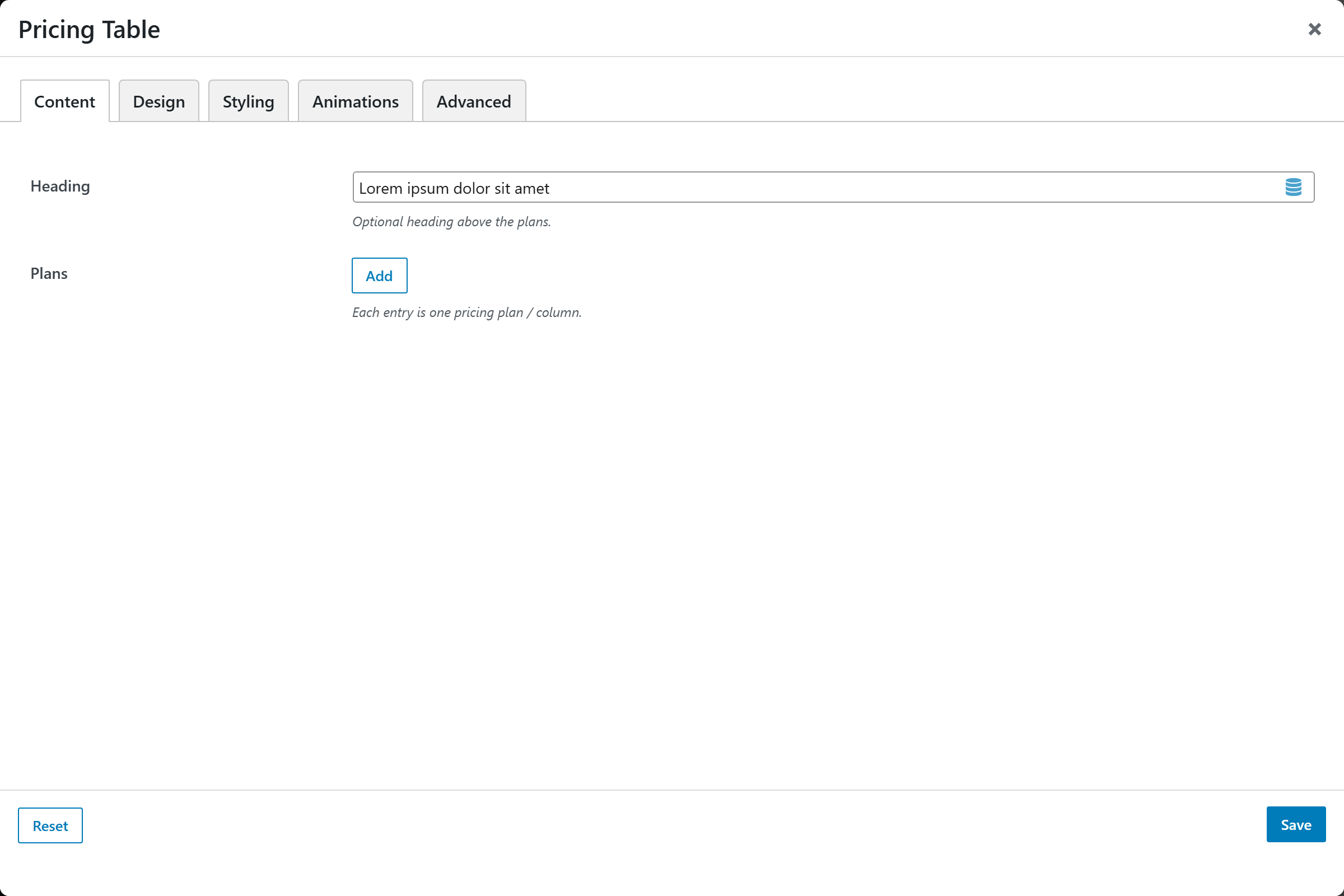 Pricing Table options panel — Content tab