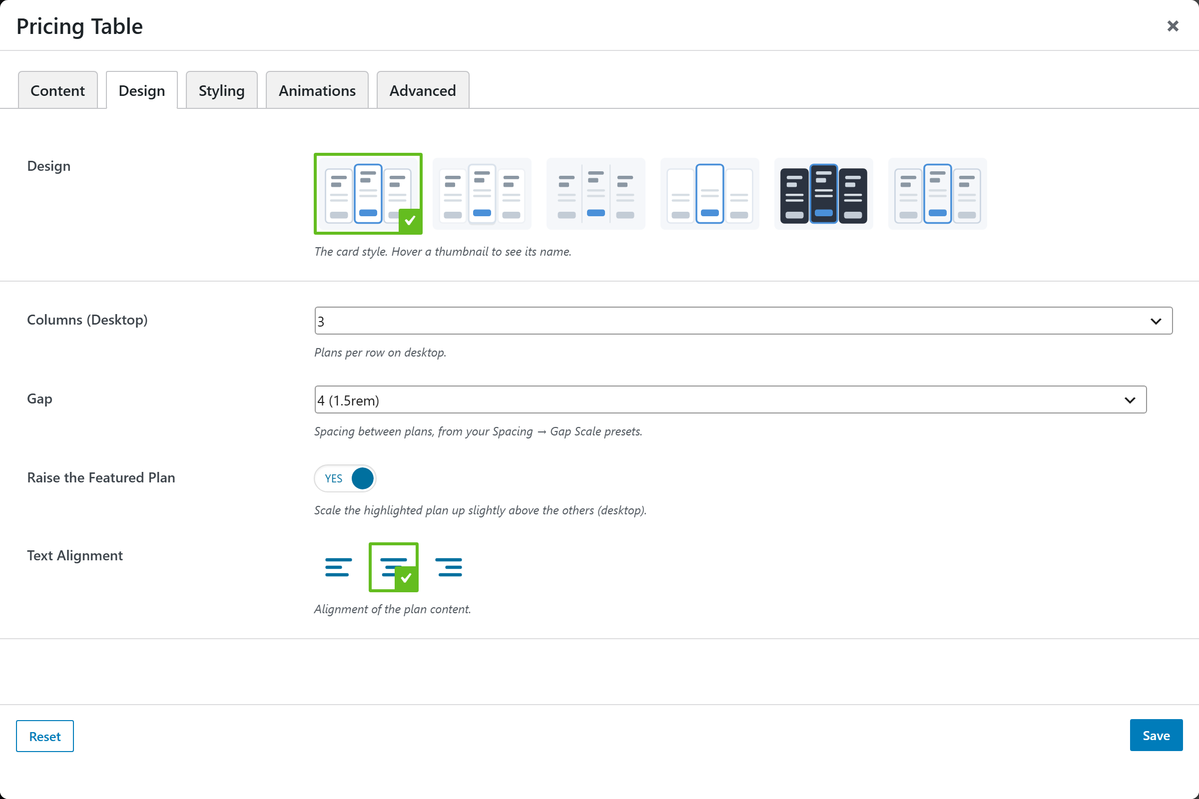Pricing Table options panel — Design tab