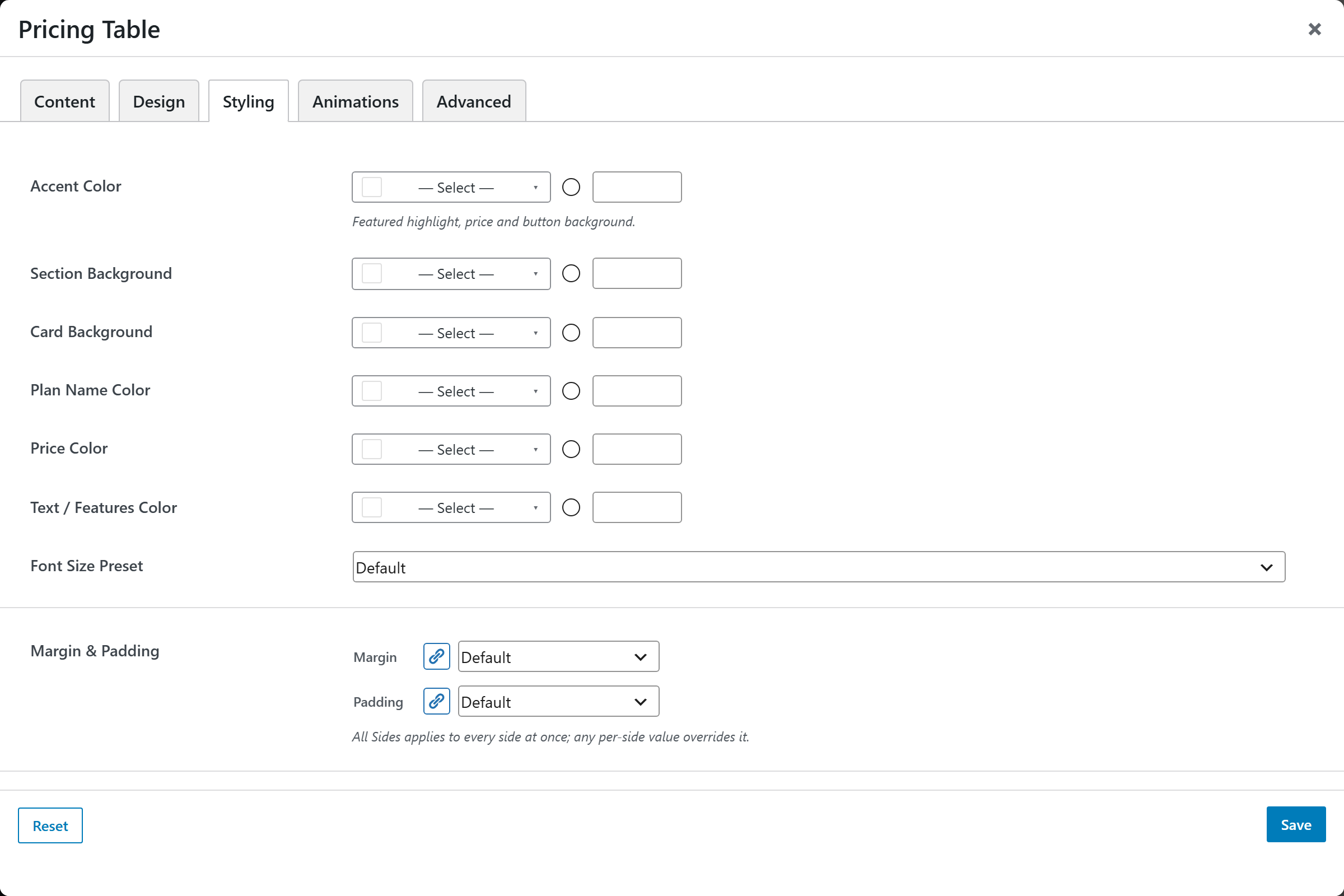 Pricing Table options panel — Styling tab