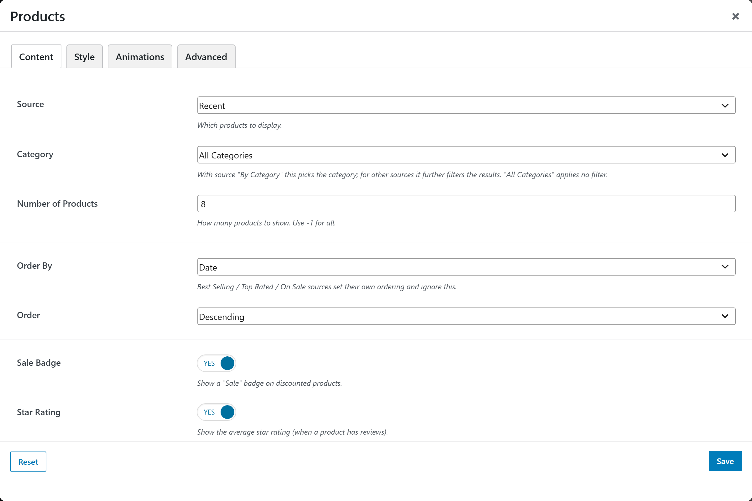 Products options — Content tab