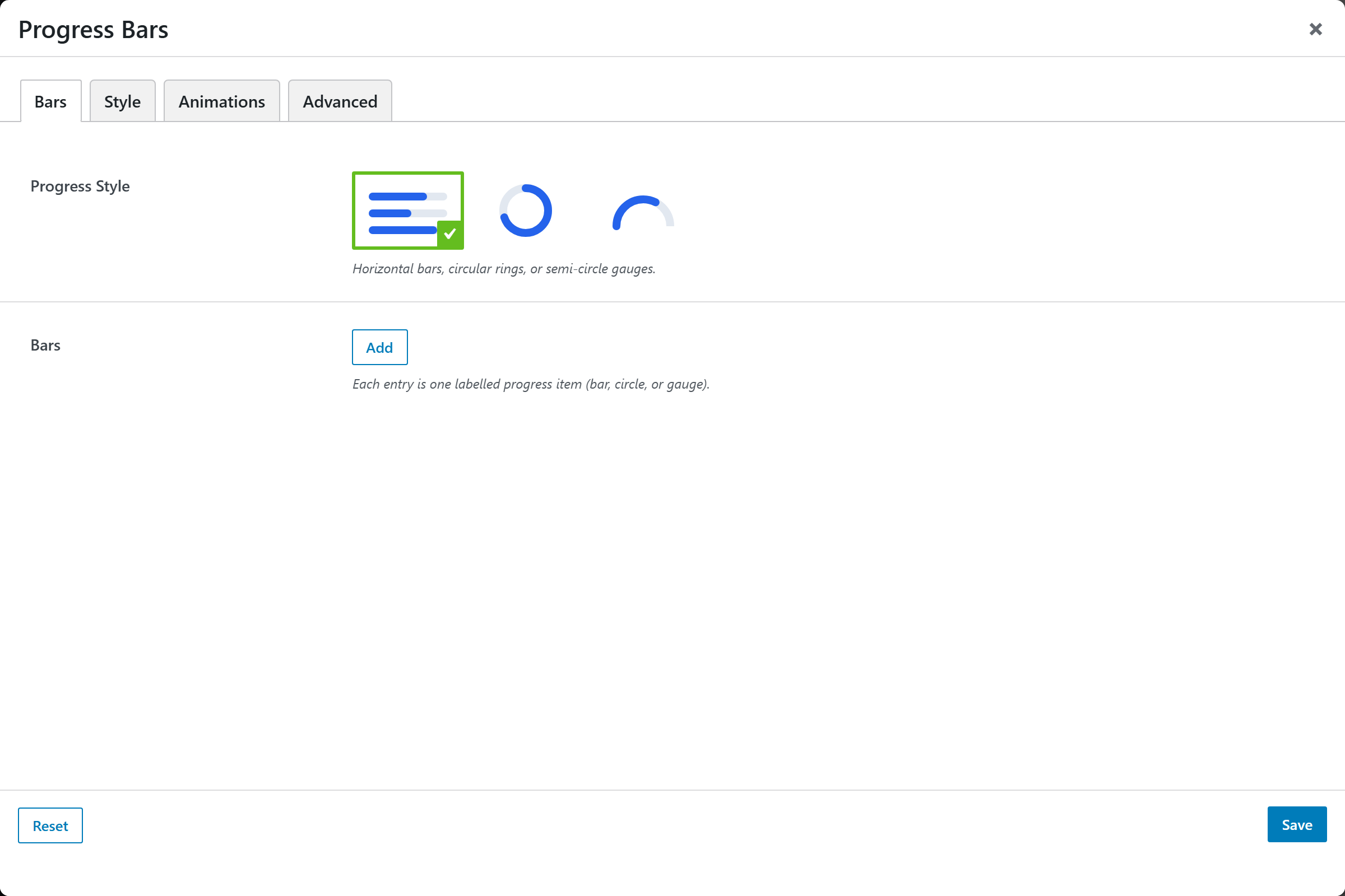 Progress Bars options panel — Bars tab