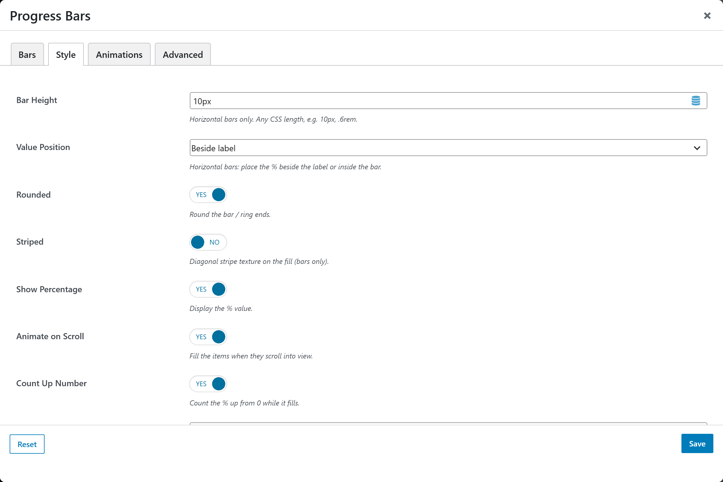 Progress Bars options panel — Style tab