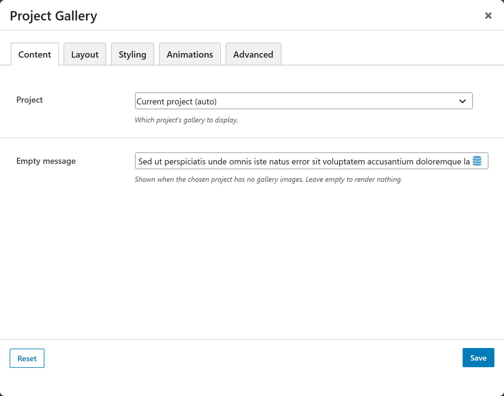 Project Gallery options panel — Content tab