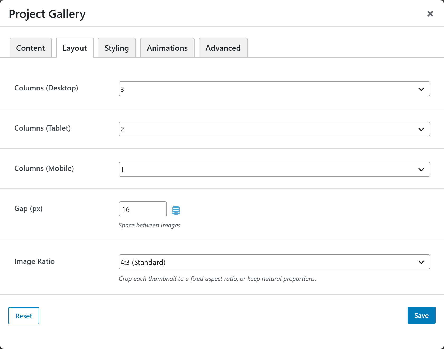 Project Gallery options panel — Layout tab