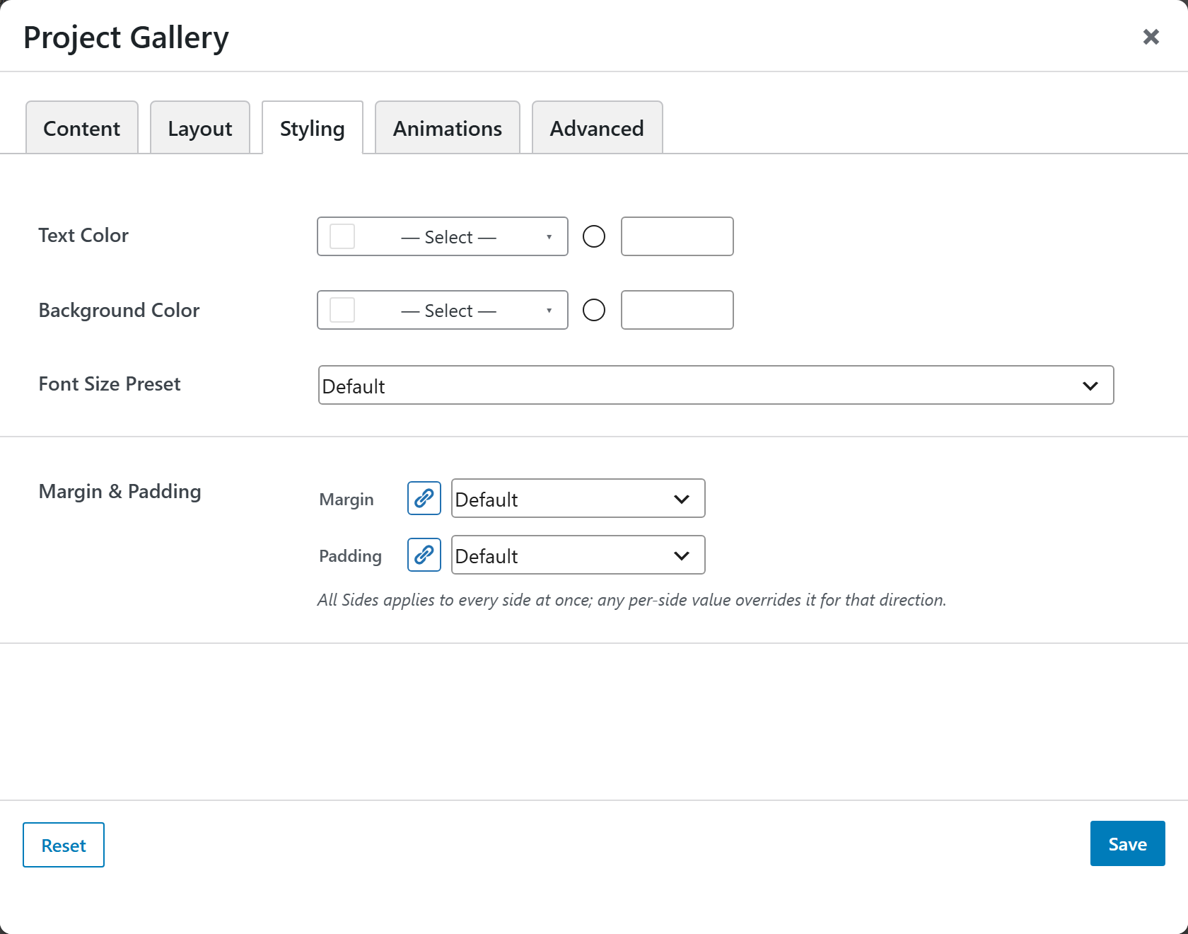 Project Gallery options panel — Styling tab