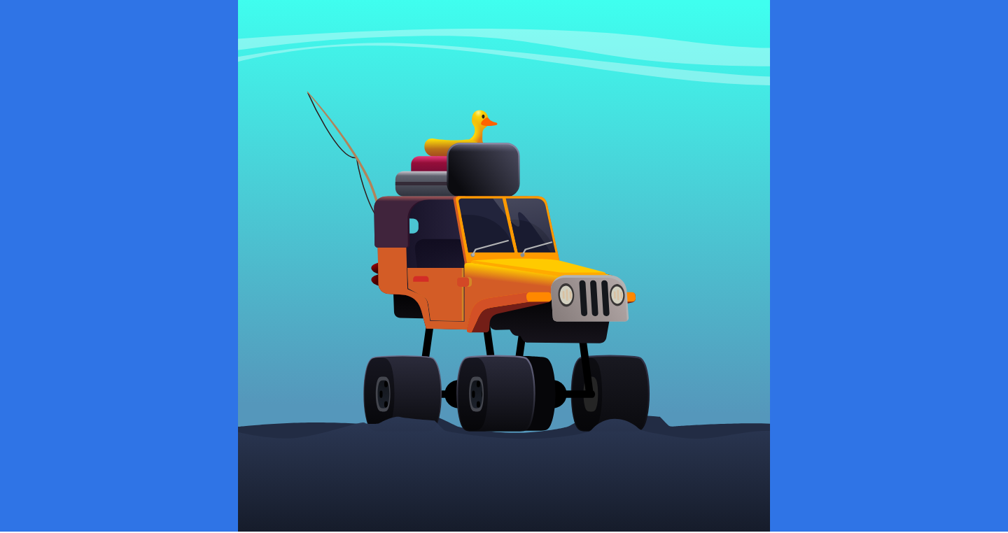 A Rive animation on a page — a detailed illustrated off-road 4x4 with luggage and a rubber duck, playing on a gradient background
