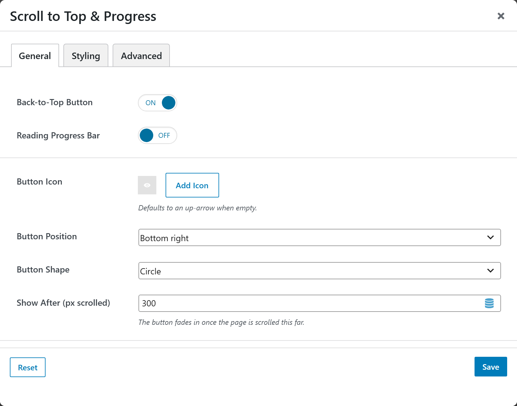 Scroll to Top & Progress options panel — General tab