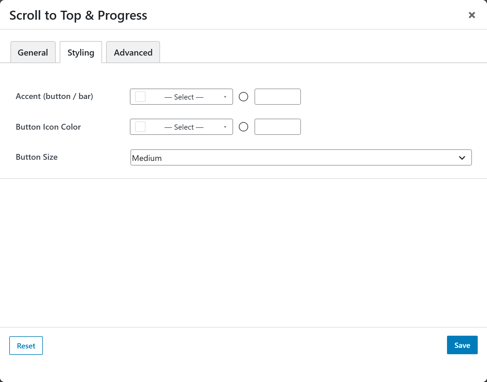 Scroll to Top & Progress options panel — Styling tab