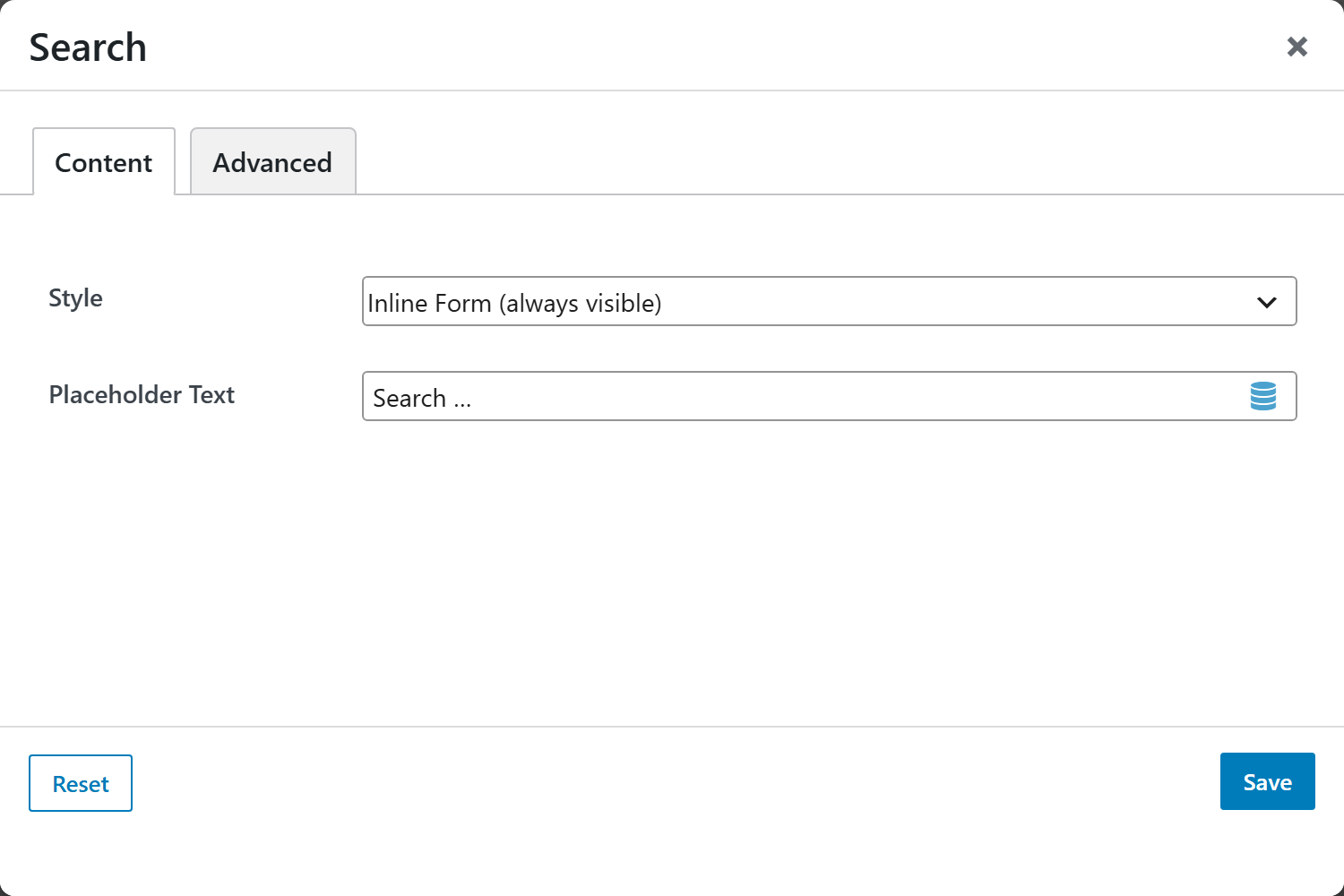 Search options panel — Content tab