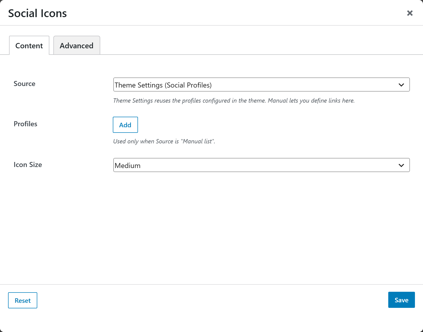 Social Icons options panel — Content tab