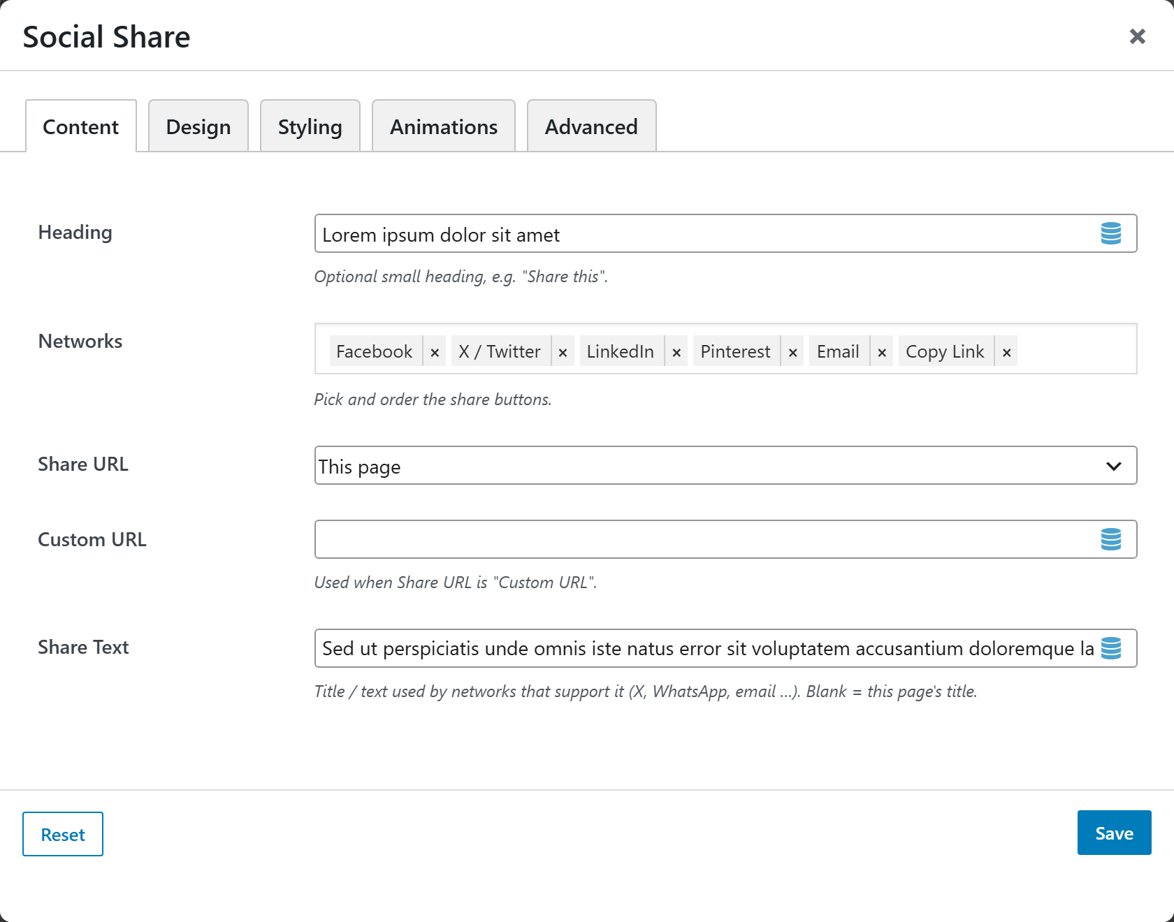 Social Share options panel — Content tab