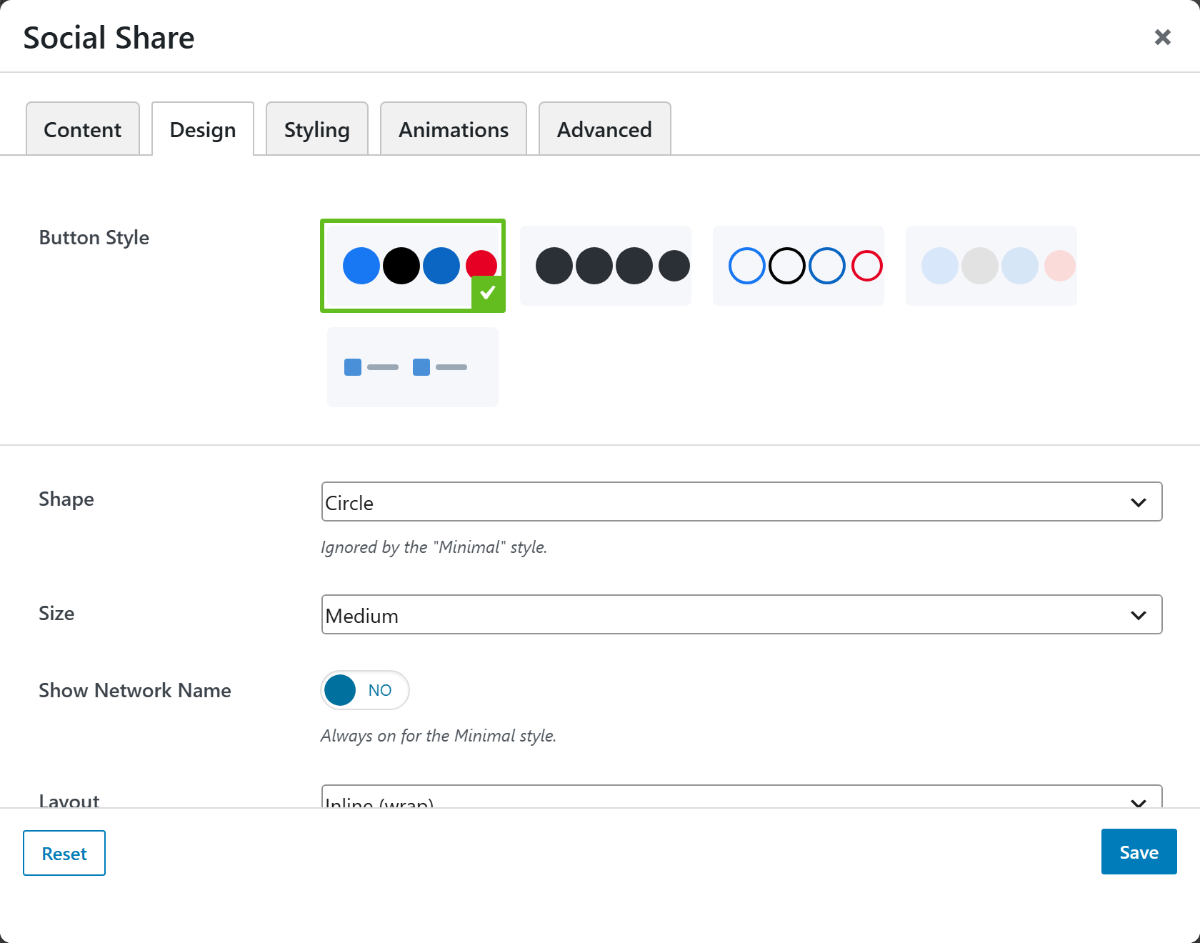 Social Share options panel — Design tab