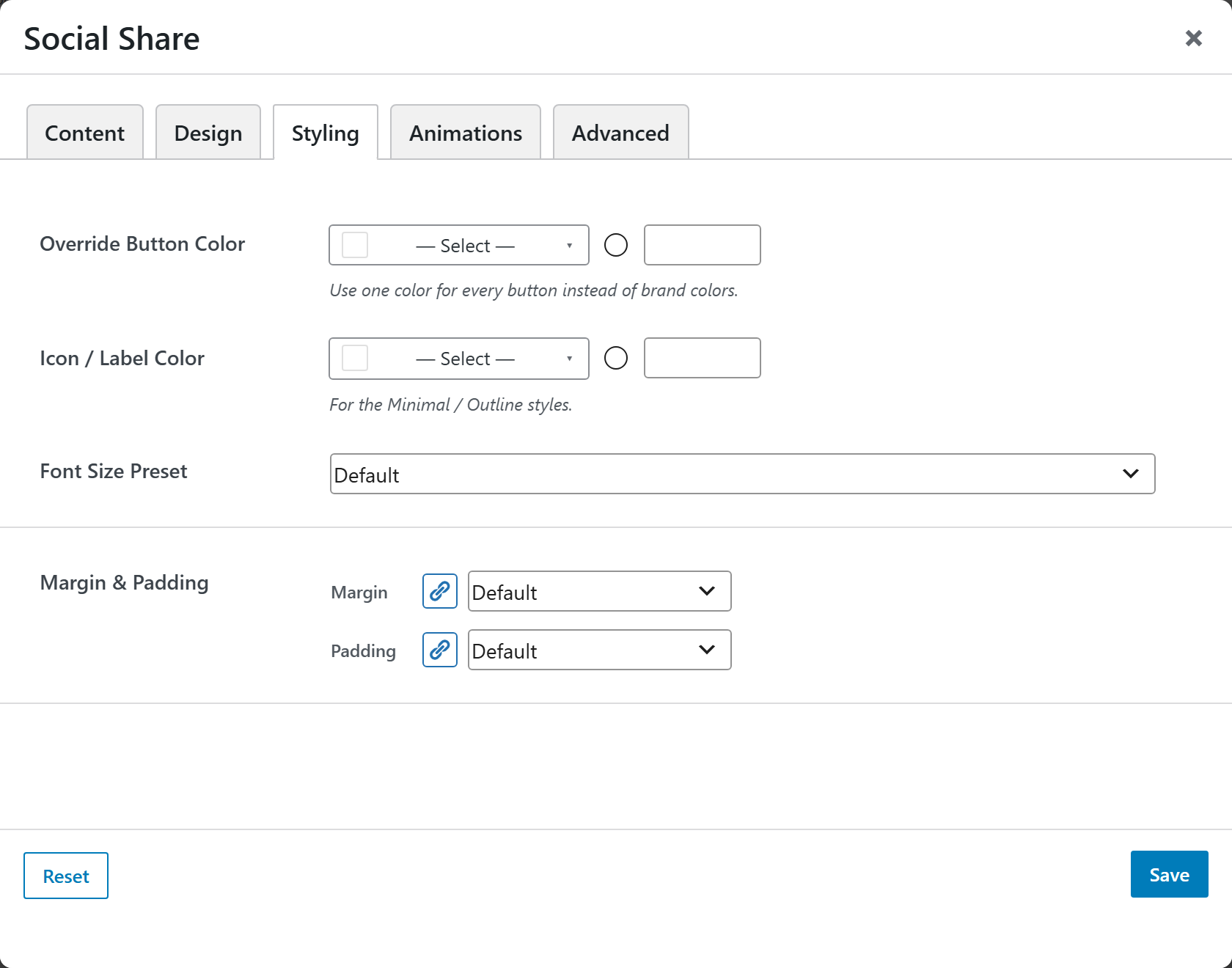 Social Share options panel — Styling tab