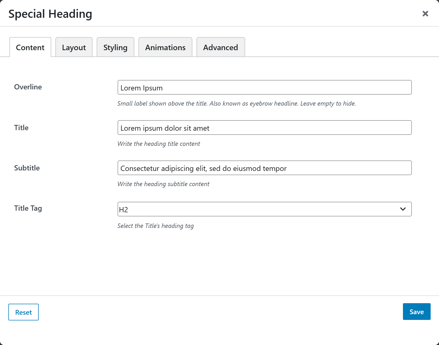 The Special Heading options panel — Content tab