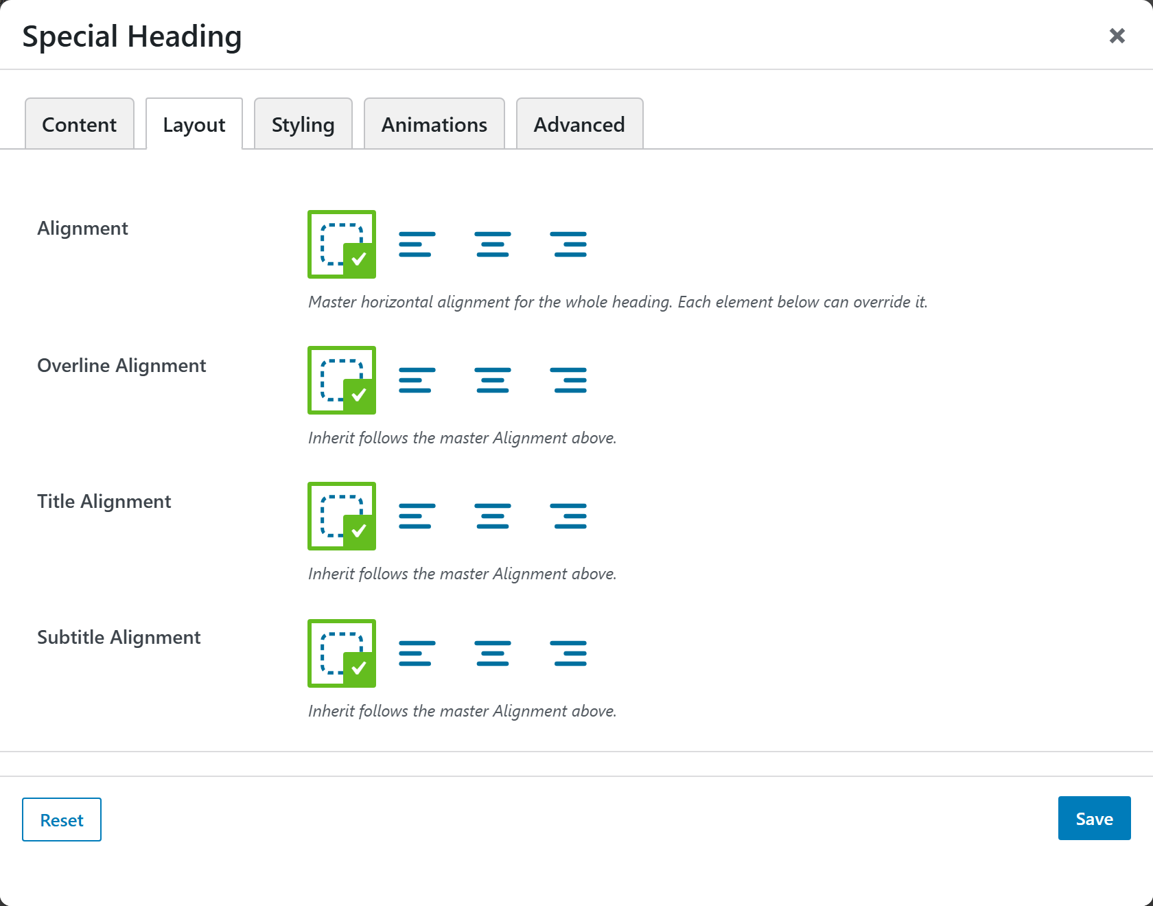 Special Heading options panel — Layout tab