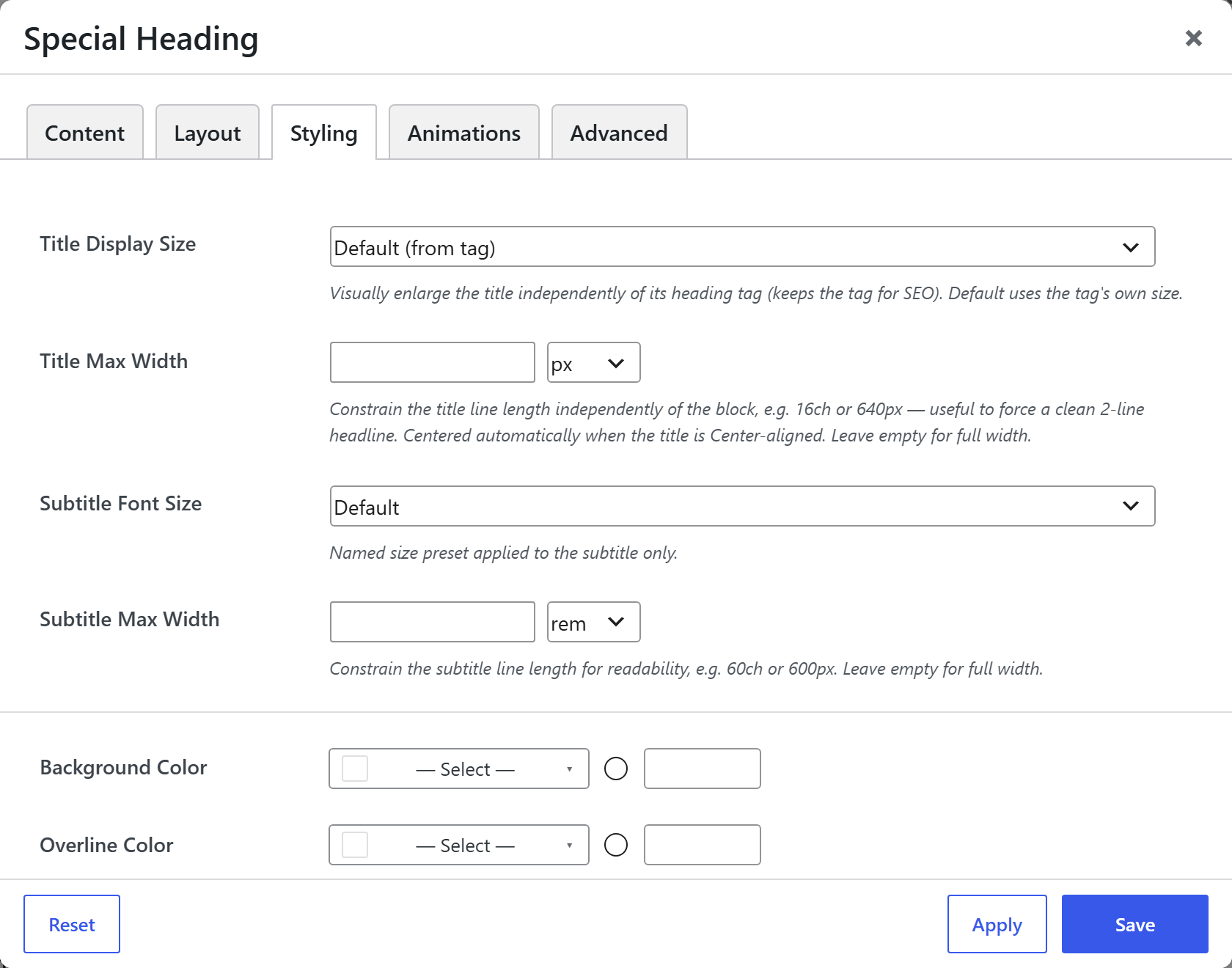 Special Heading options panel — Styling tab