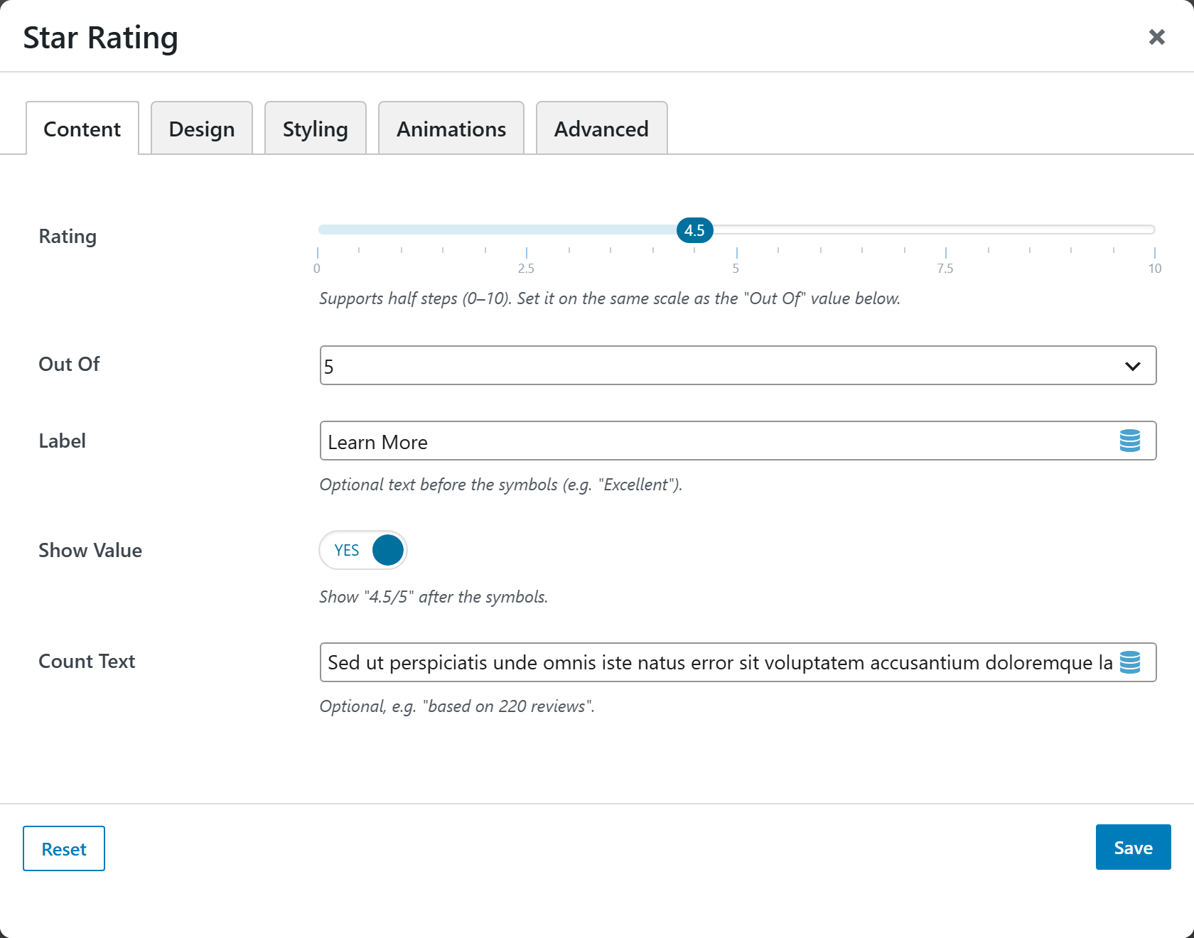 Star Rating options panel — Content tab