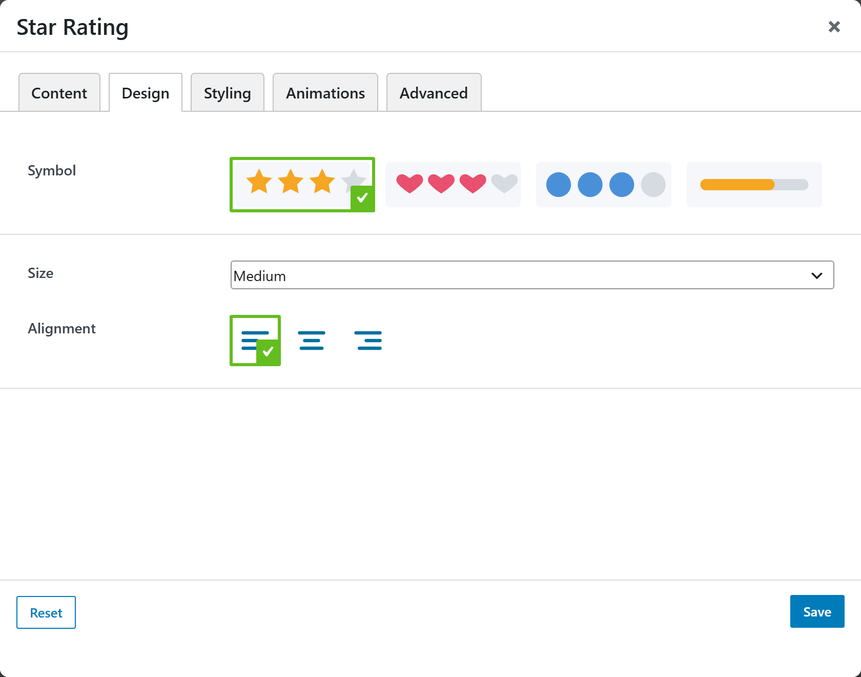 Star Rating options panel — Design tab