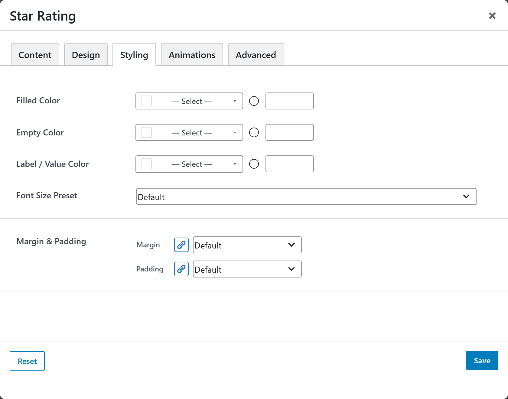 Star Rating options panel — Styling tab