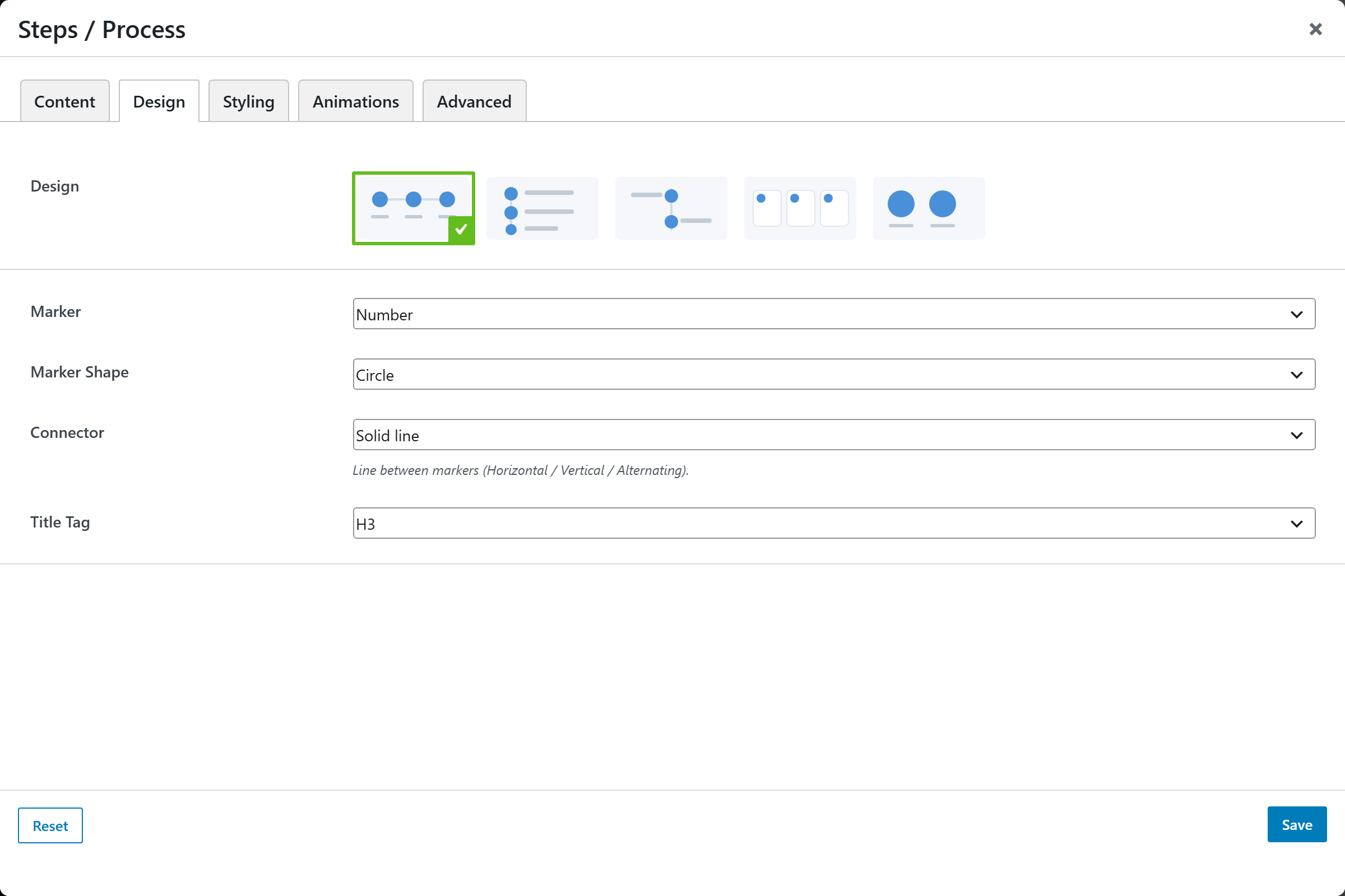 Steps / Process options panel — Design tab