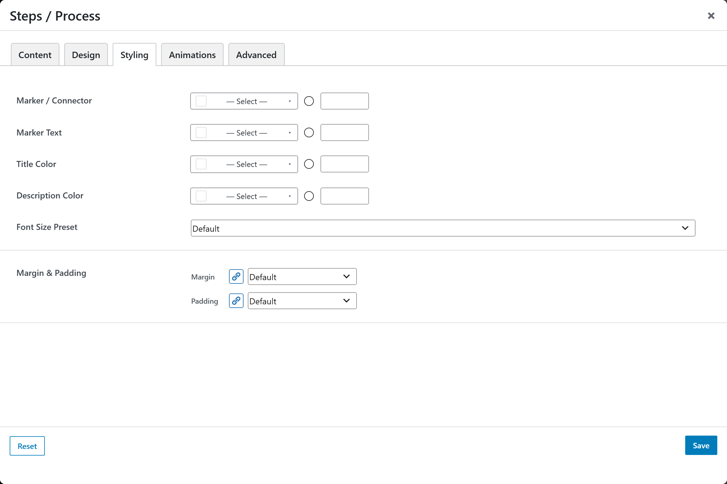 Steps / Process options panel — Styling tab