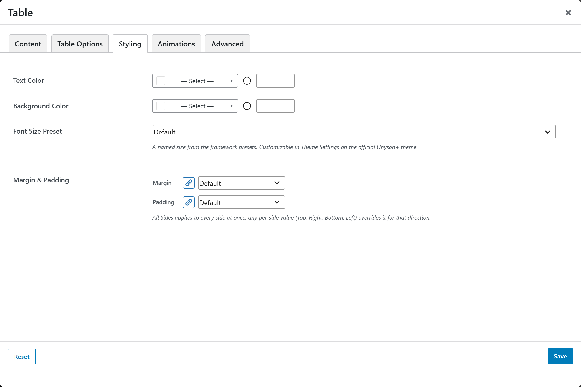 Table options panel — Styling tab