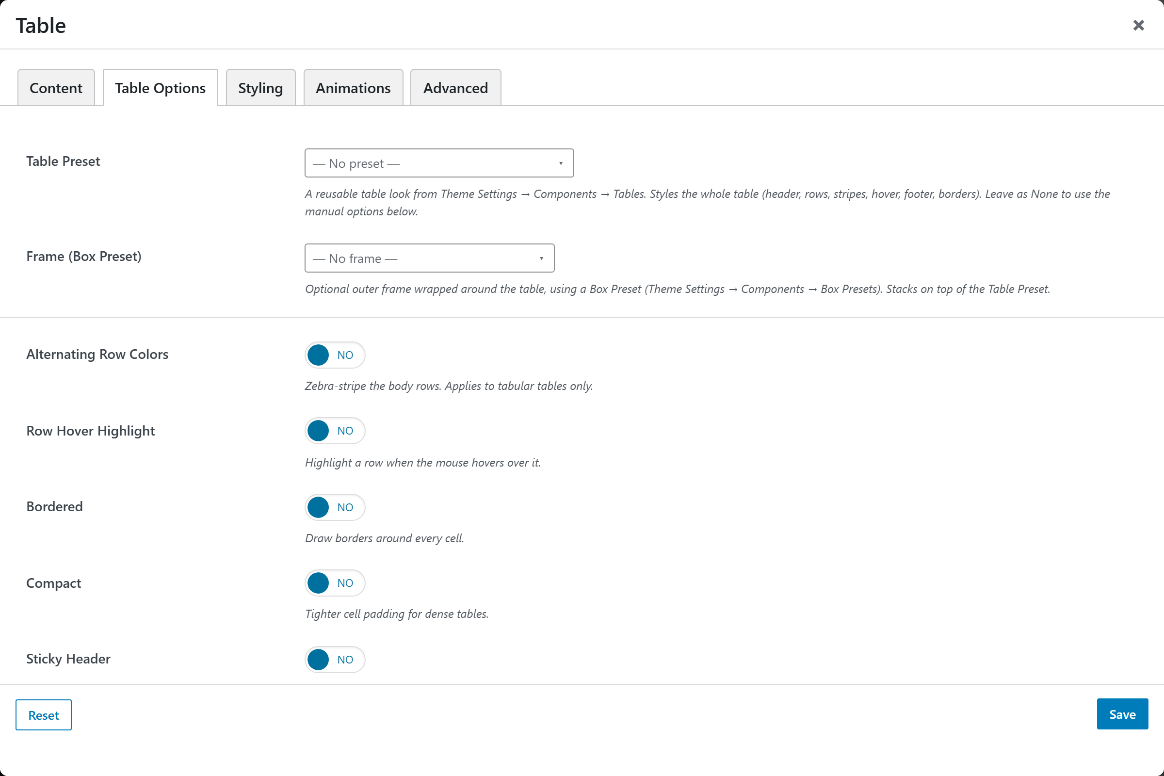 Table options panel — Table Options tab