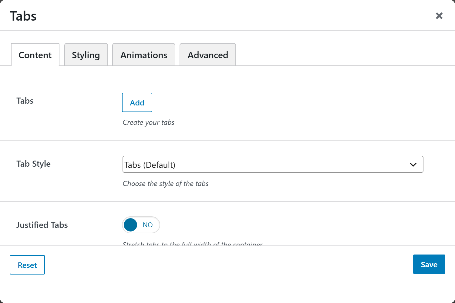 Tabs options panel — Content tab