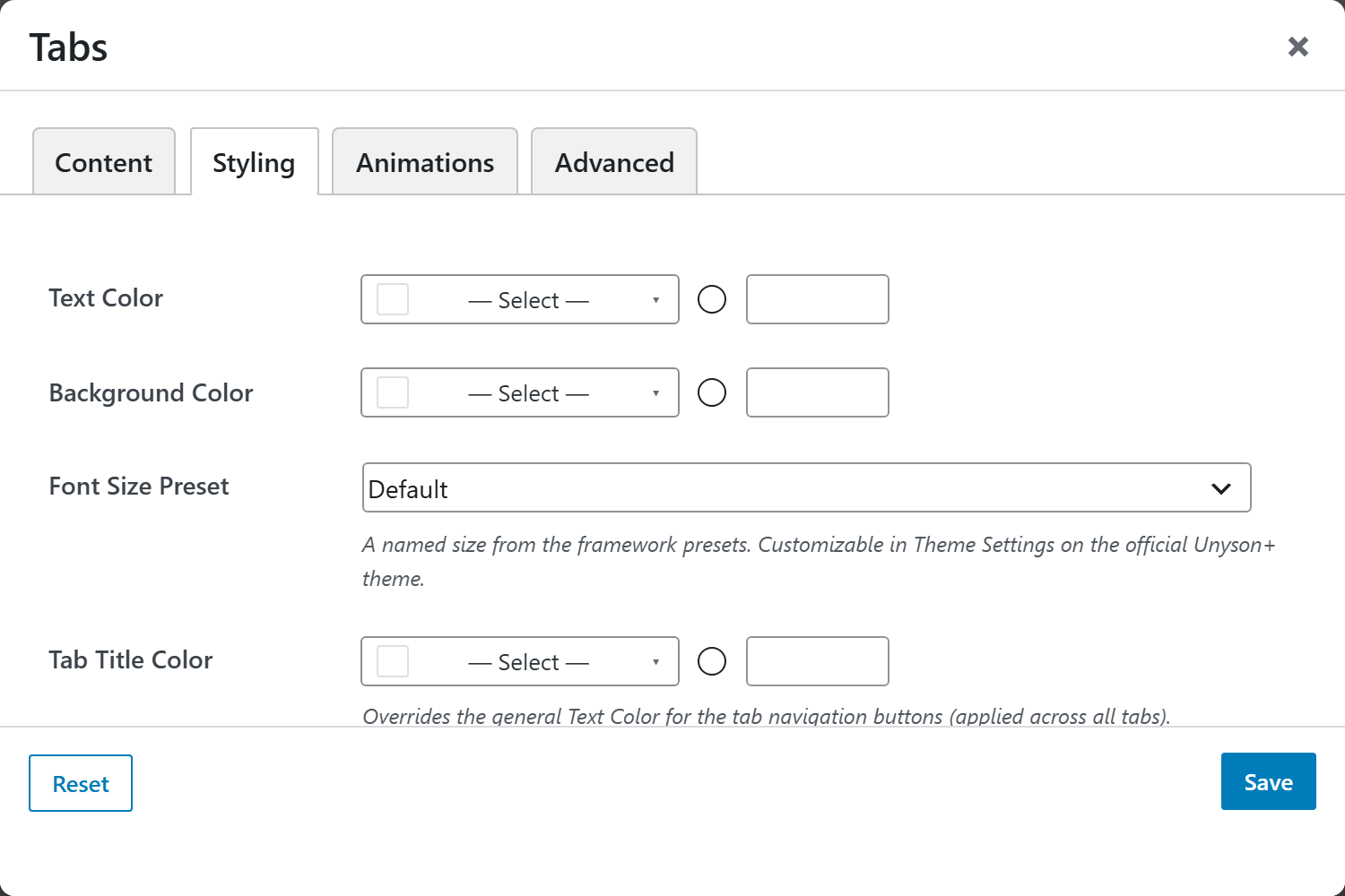 Tabs options panel — Styling tab