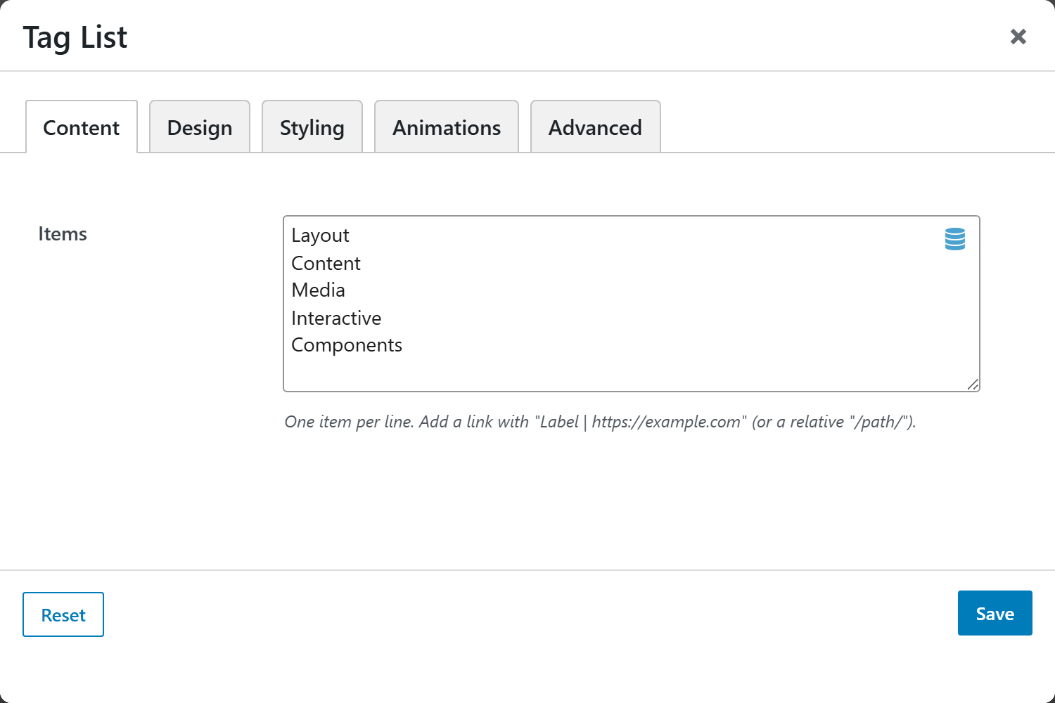 Tag List options panel — Content tab