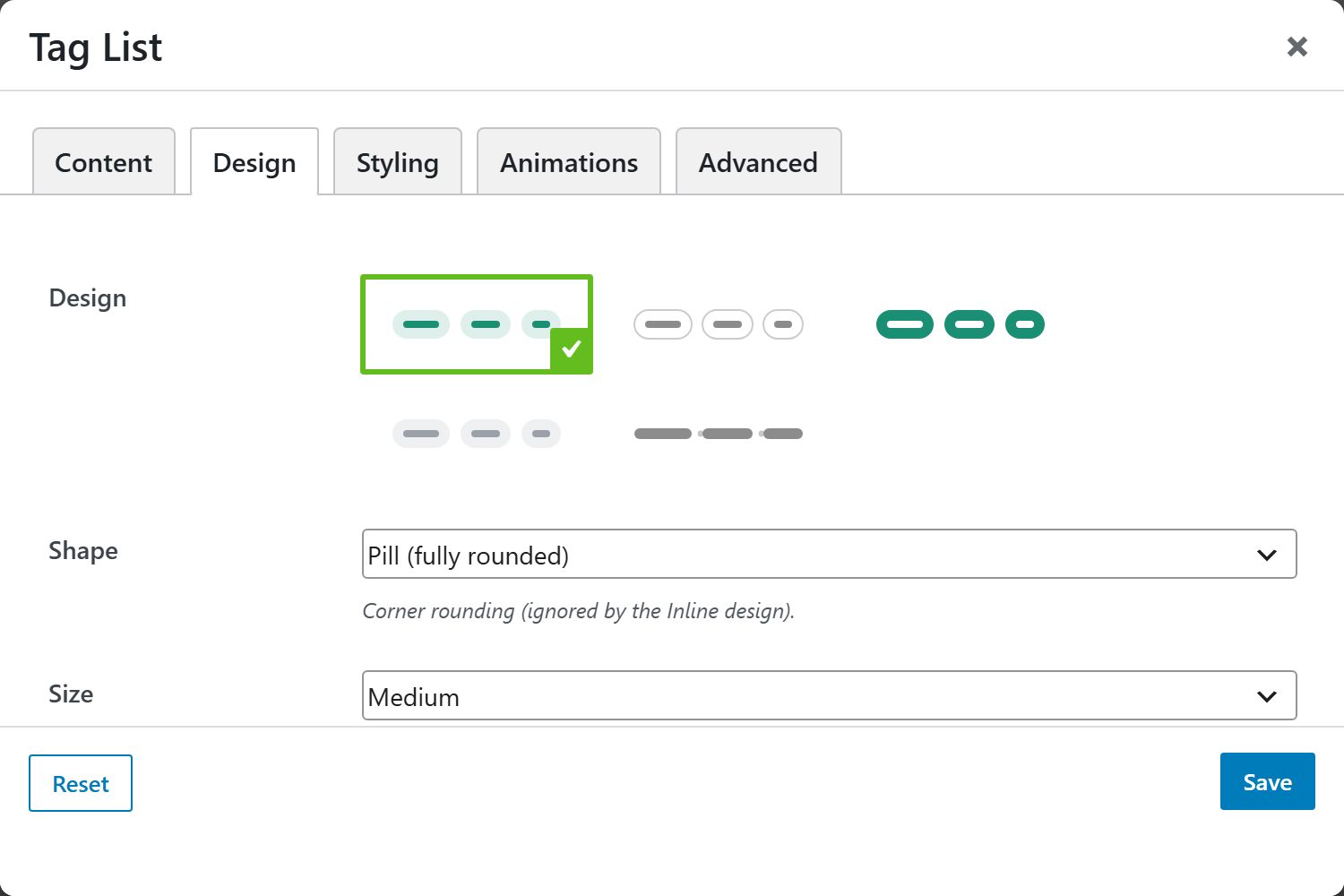 Tag List options panel — Design tab