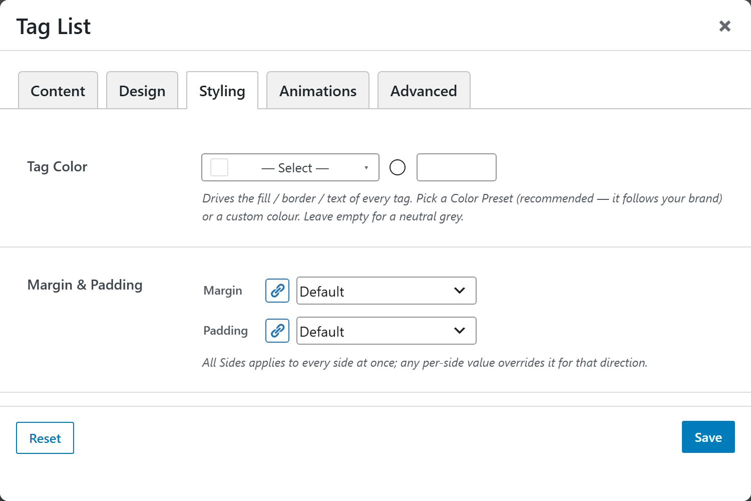 Tag List options panel — Styling tab