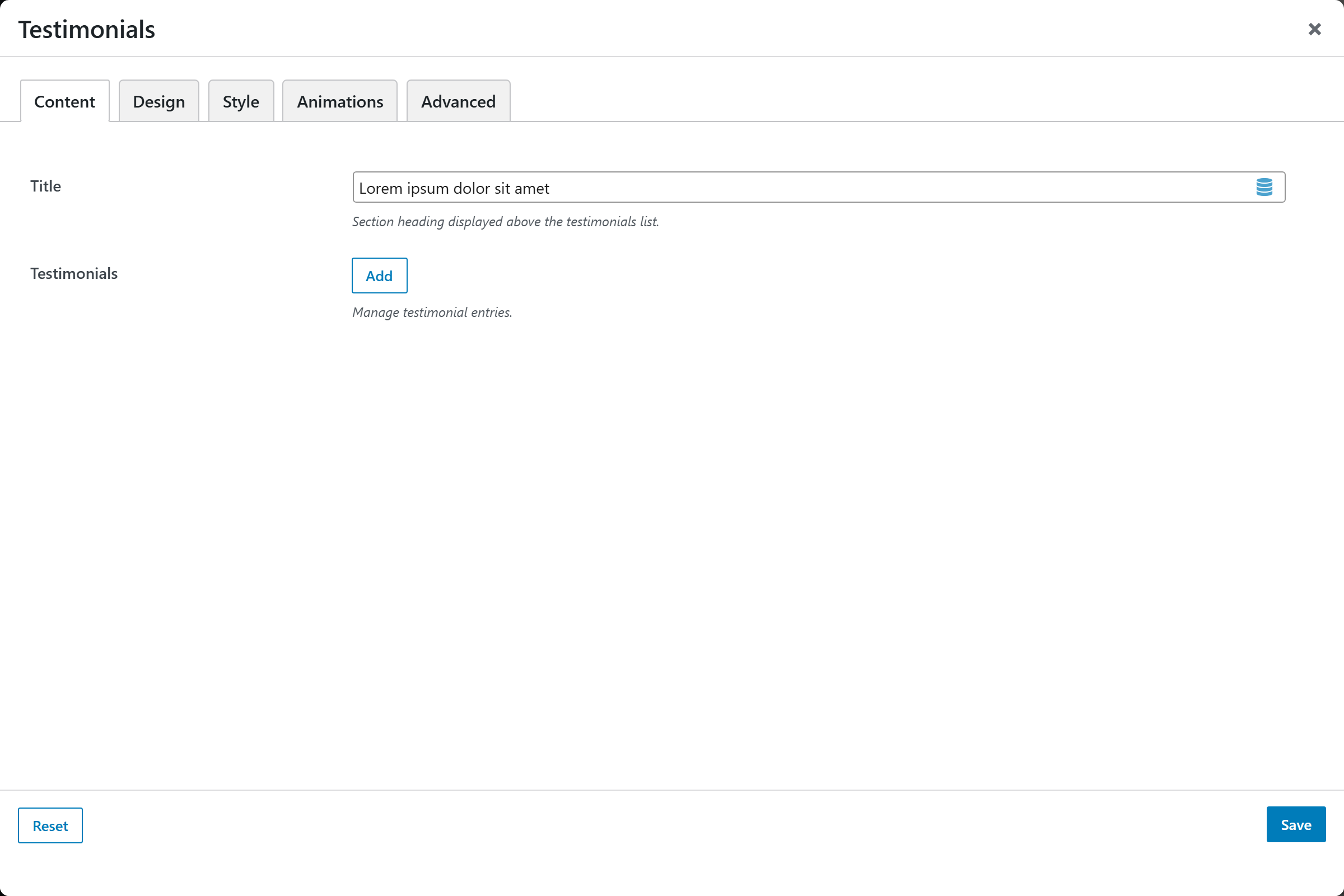 Testimonials options panel — Content tab