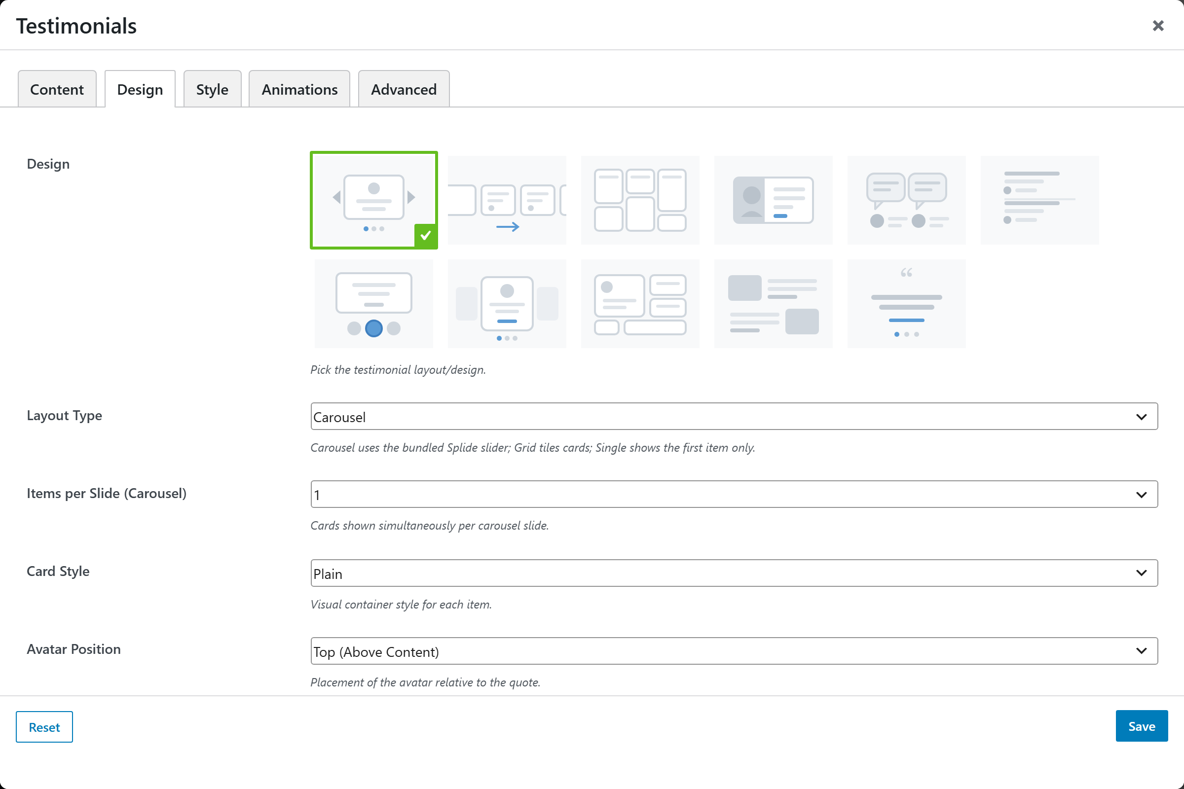 Testimonials options panel — Design tab
