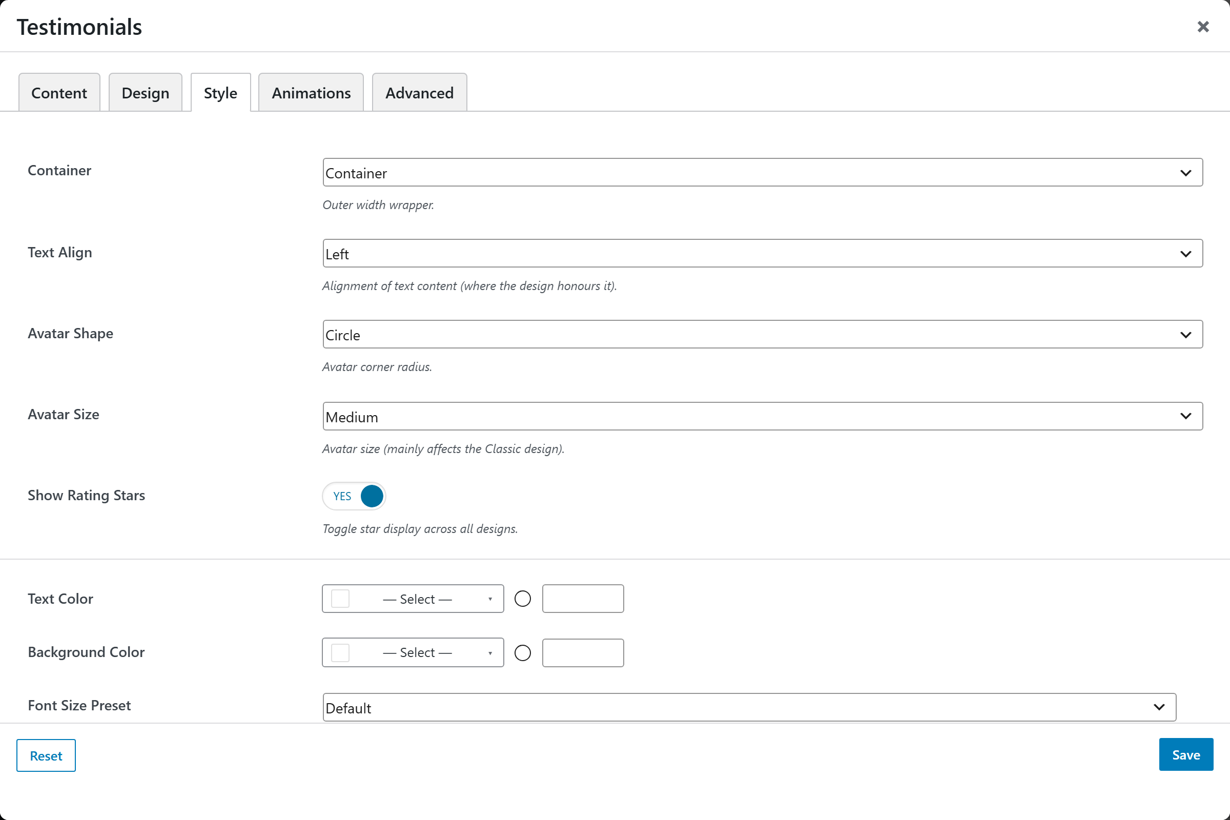 Testimonials options panel — Style tab