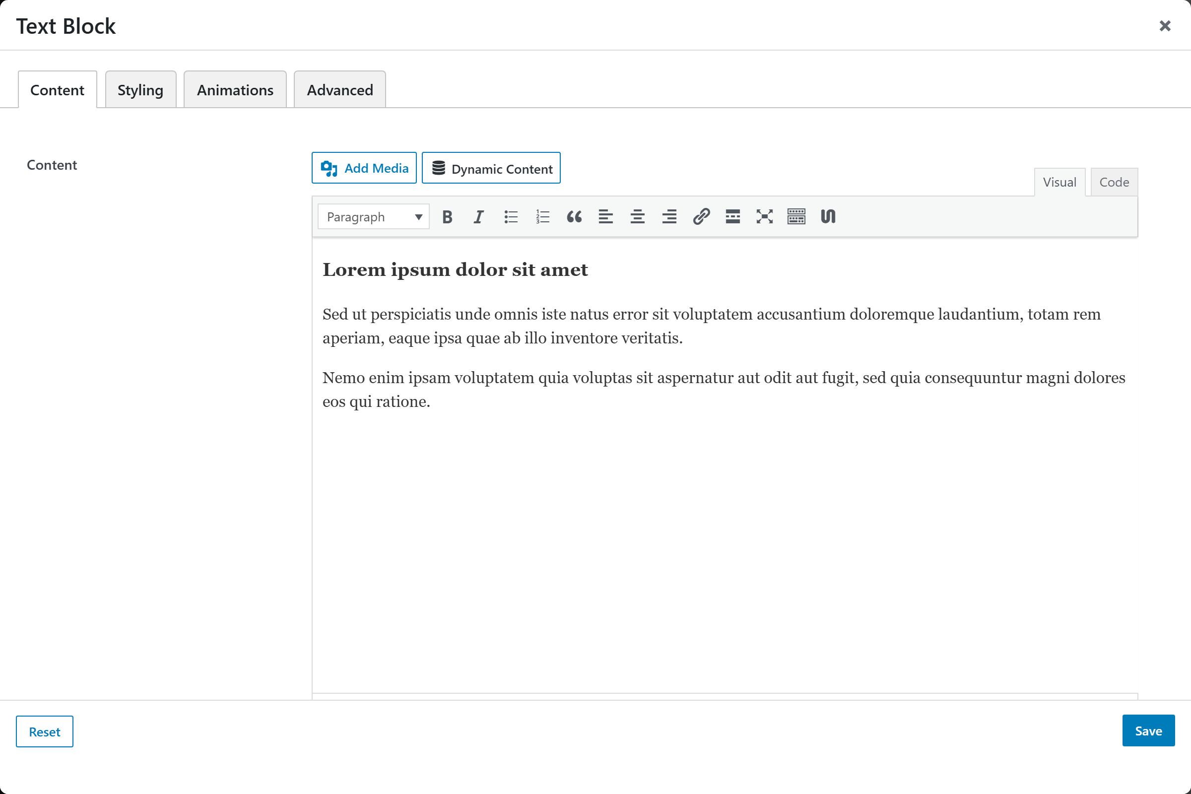 Text Block options panel — Content tab