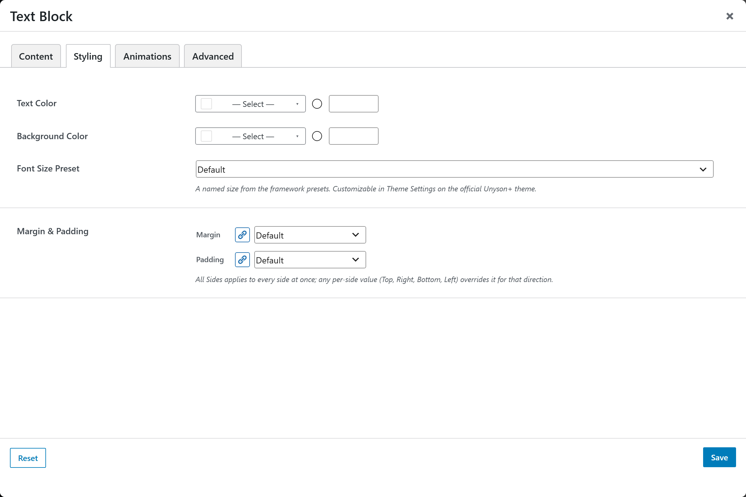 Text Block options panel — Styling tab