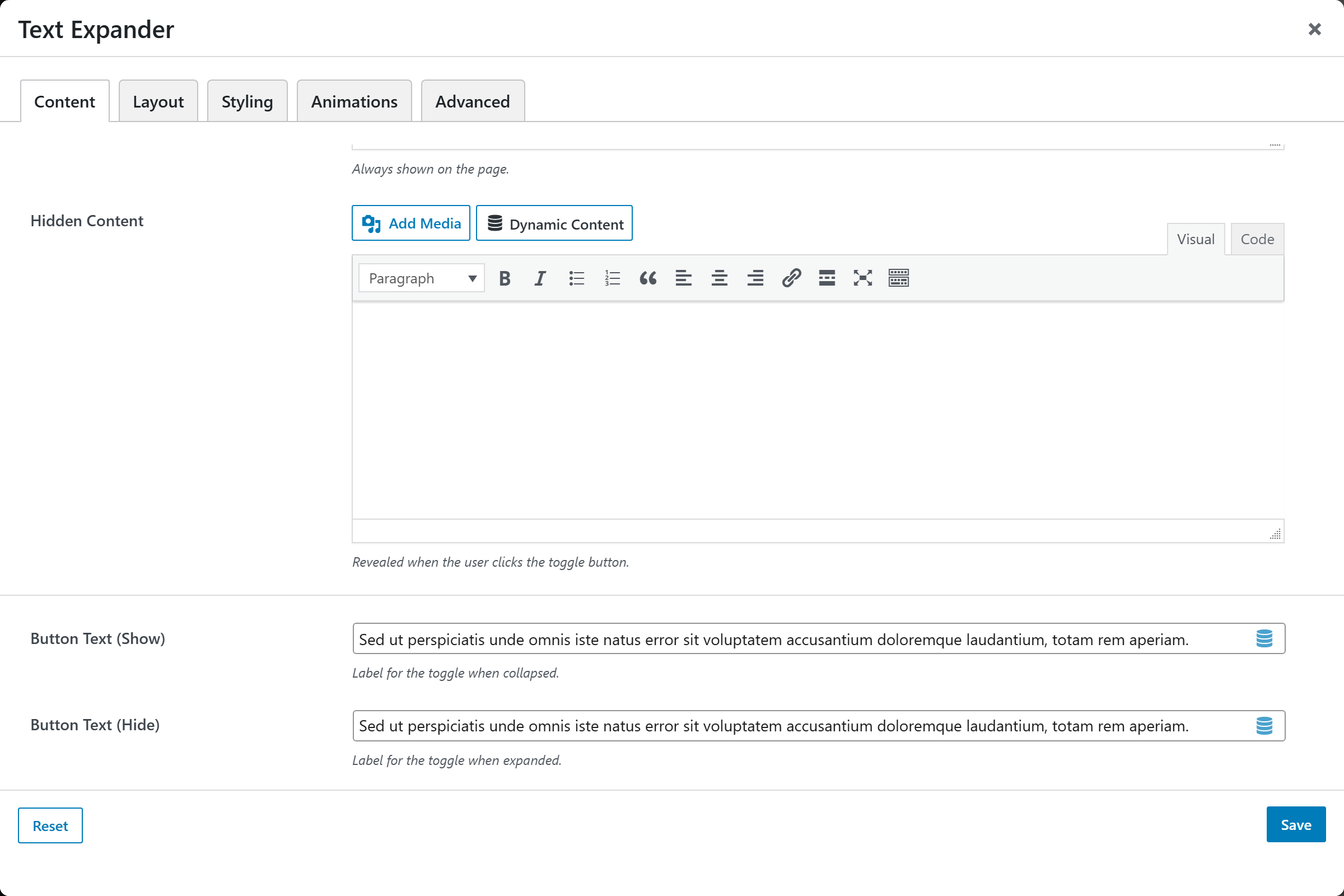 Text Expander options panel — Content tab