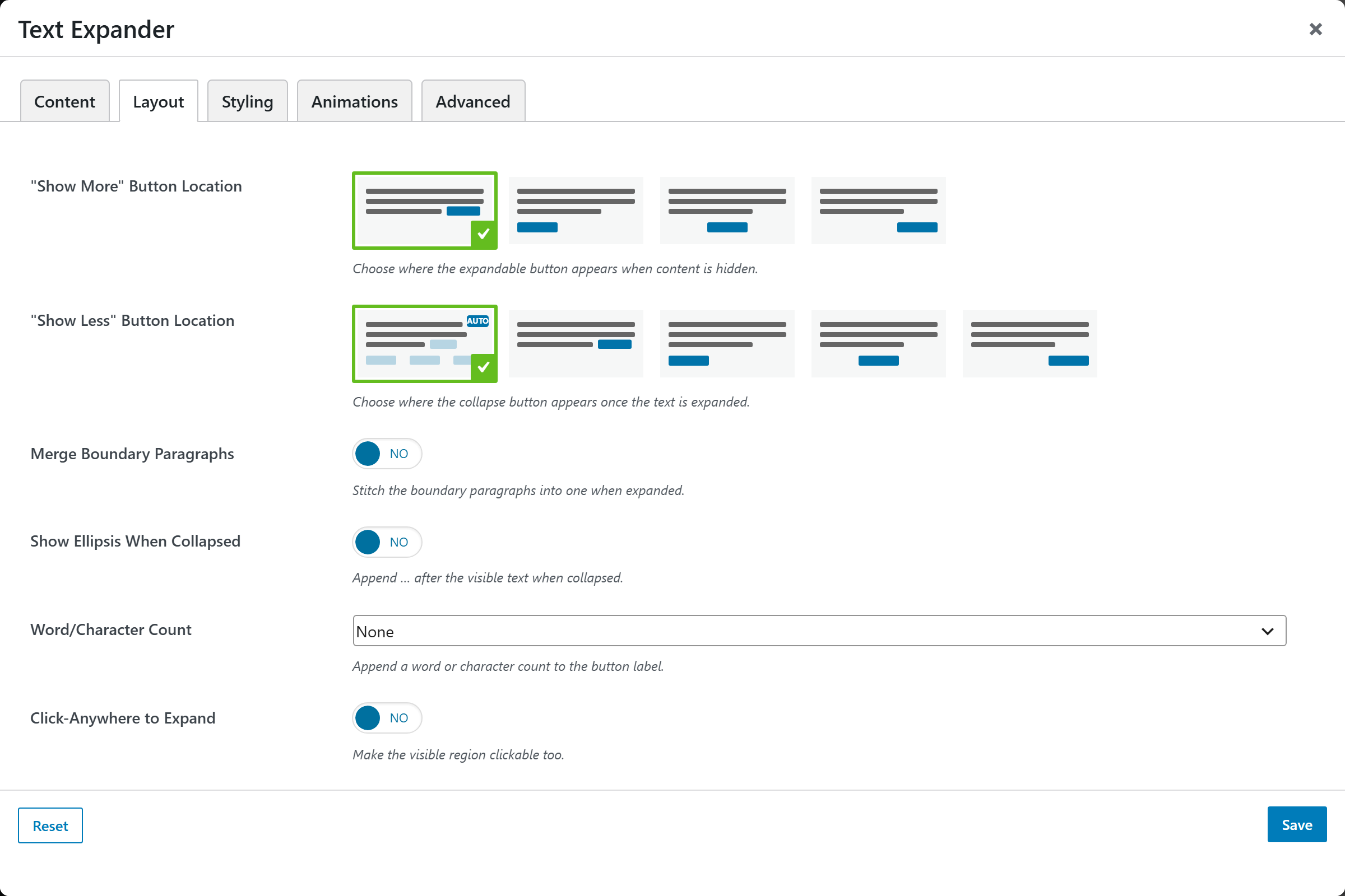 Text Expander options panel — Layout tab