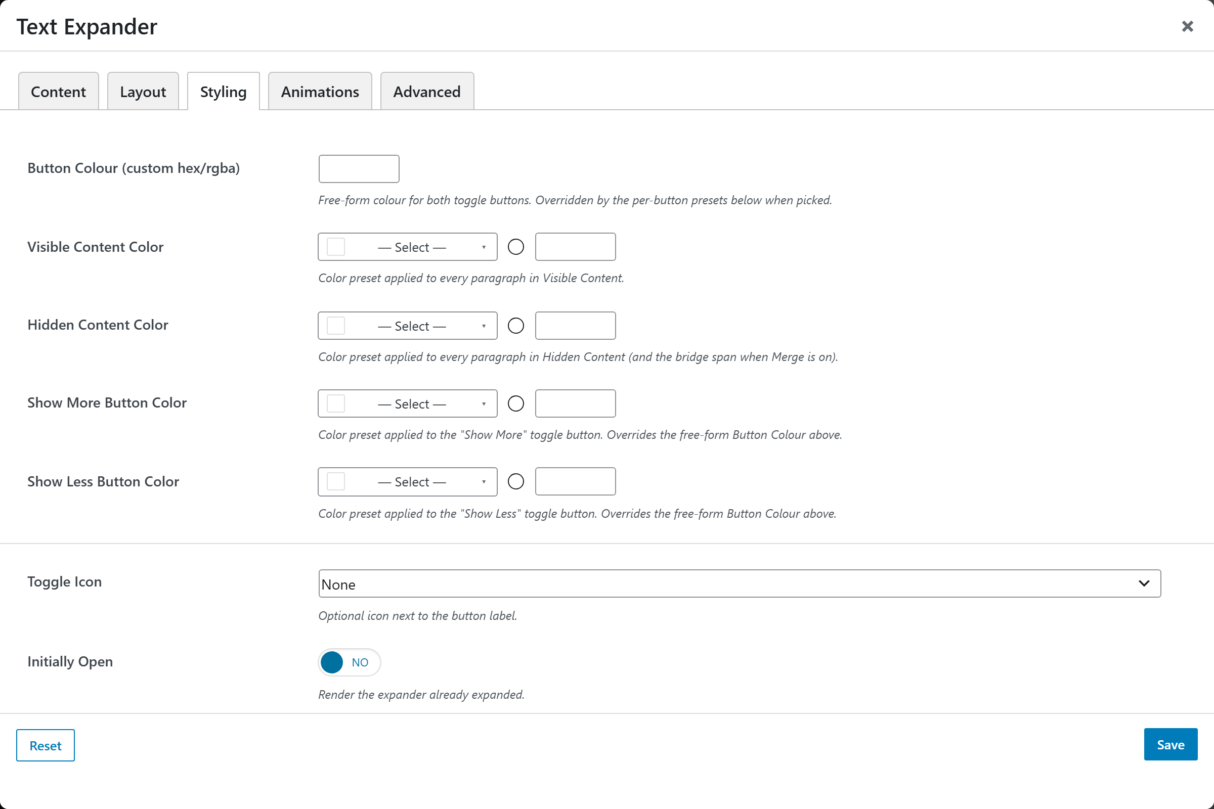Text Expander options panel — Styling tab