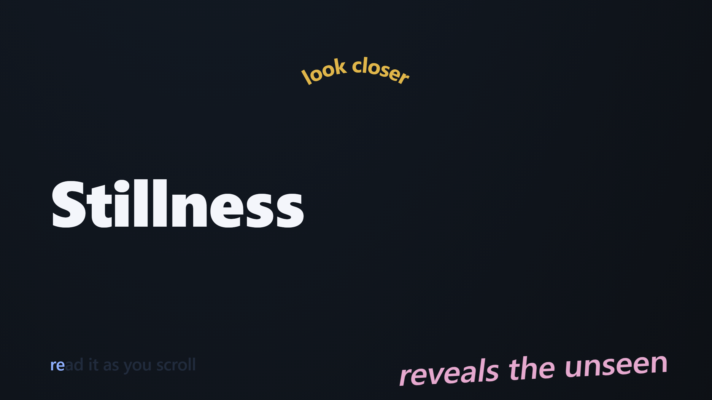 Text Scroll Choreography — four foreground lines: a split-reveal headline, a curved arc heading, a read-along line, and a warped gradient line