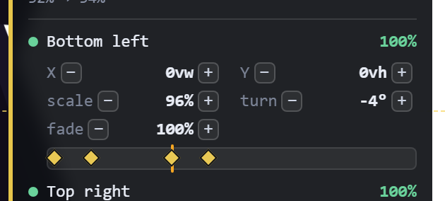 One layer row close-up — the layer name and its fade percentage, the X/Y/scale/turn/fade value grid with minus/plus steppers, and below them a keyframe track with four diamond markers and the playhead