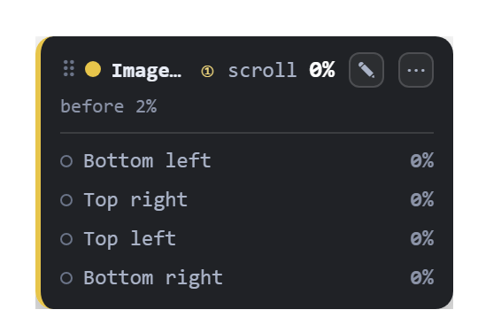 The choreography guide before edit mode — a compact read-out of the scroll percentage and each layer's fade