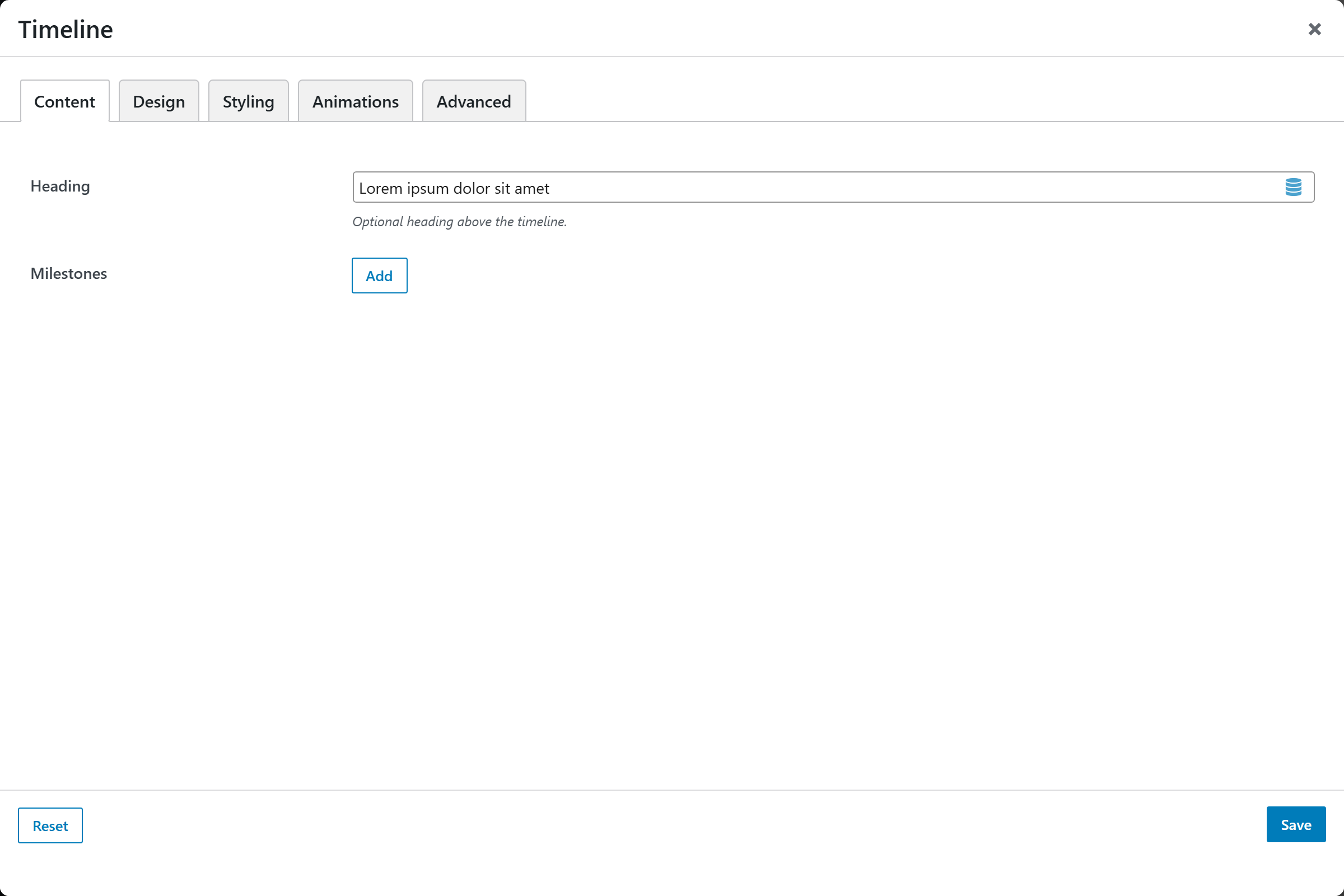 Timeline options panel — Content tab